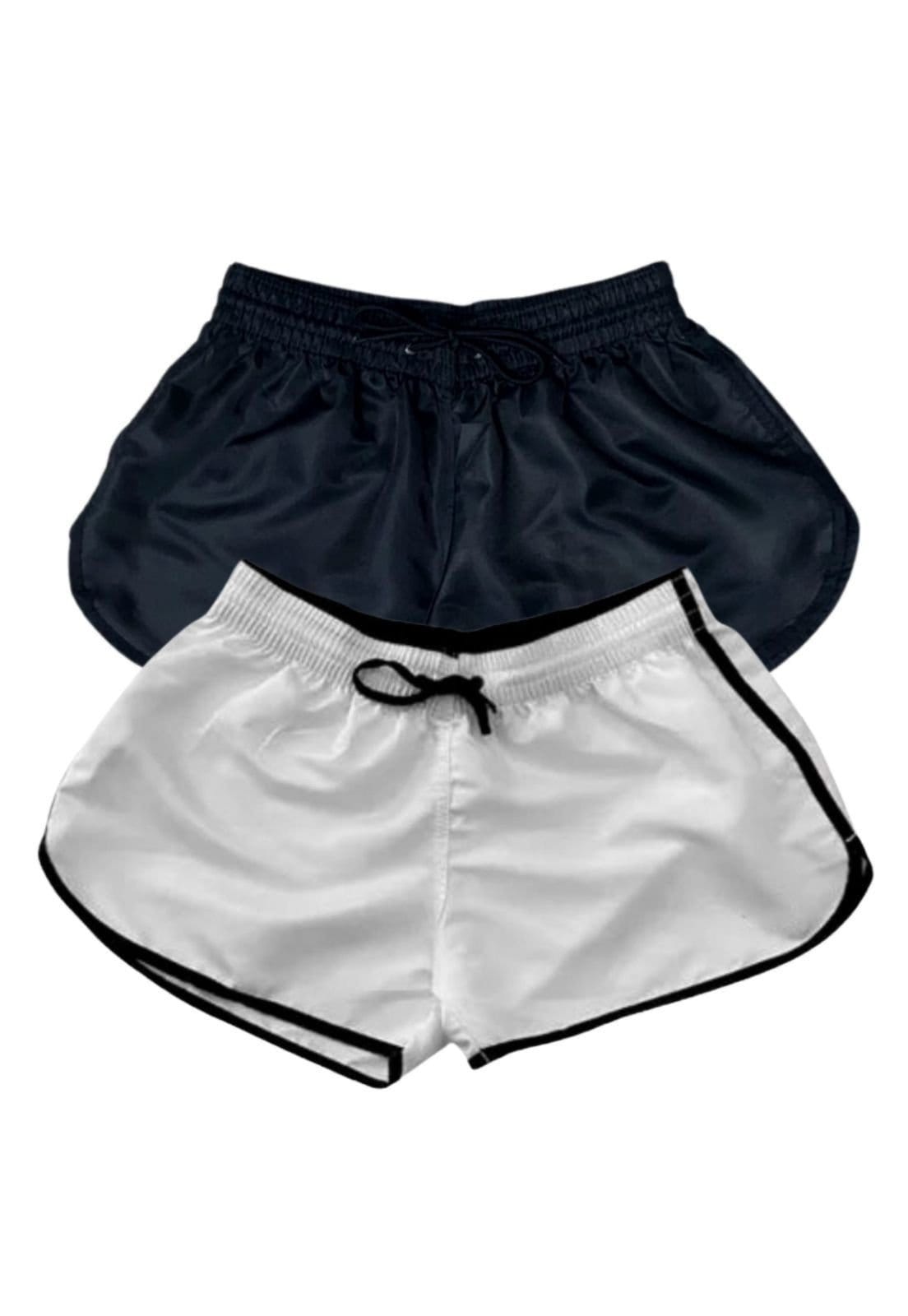 Vista principal Kit 2 Short Feminino Relaxado Moda Praia Liso Bermuda Tactel Shortinho Verão Cores Variadas Relaxado branco/preto