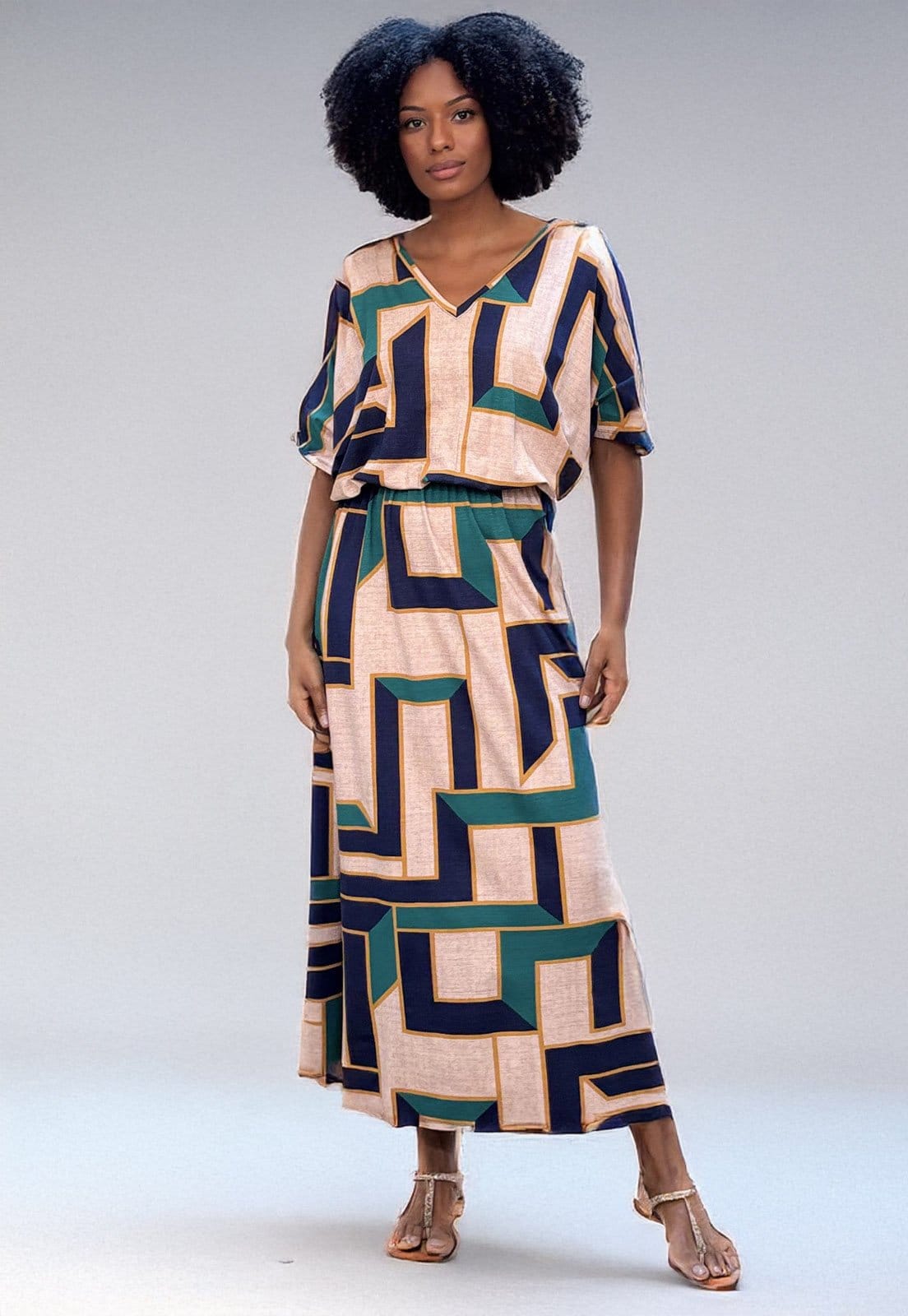 Vista 2 Vestido Longo Plano Estampa Chapada de Areia Cabanafree azul/bege/estampado/verde