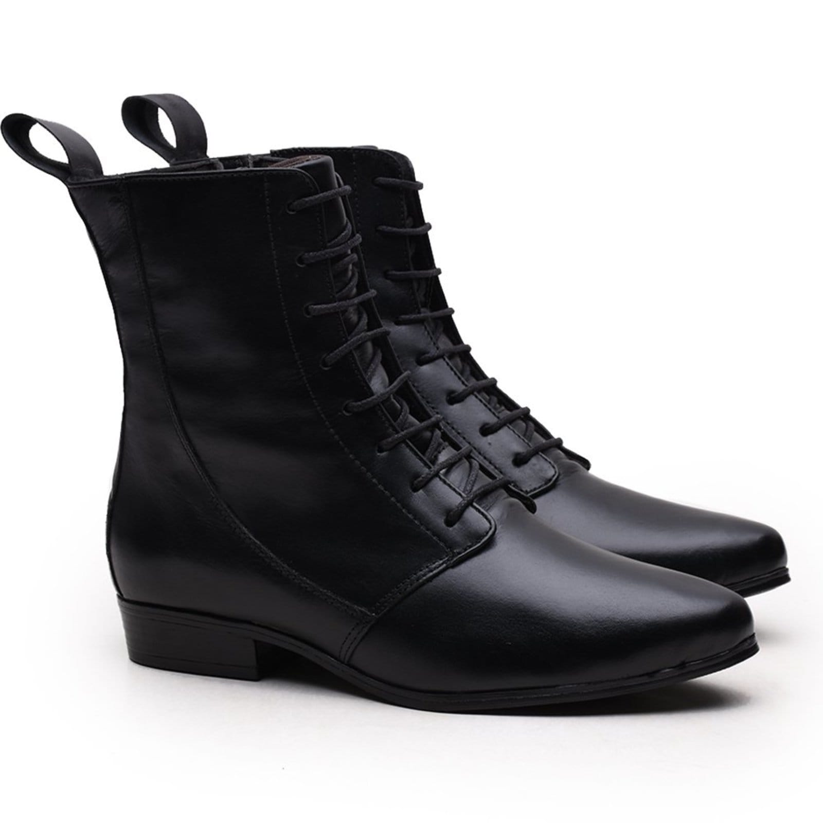 Vista 2 Bota Feminina Em Couro Cano médio Rangali Com Amarração Preta Madus preto