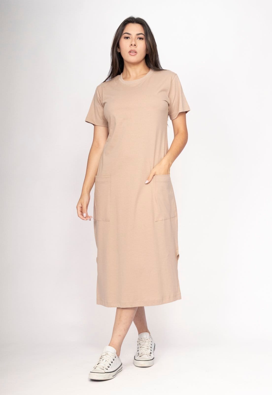 Vista principal Vestido CabanaFree Midi Algodão Manga Curta 02 Bolsos Areia Serena Cabanafree bege