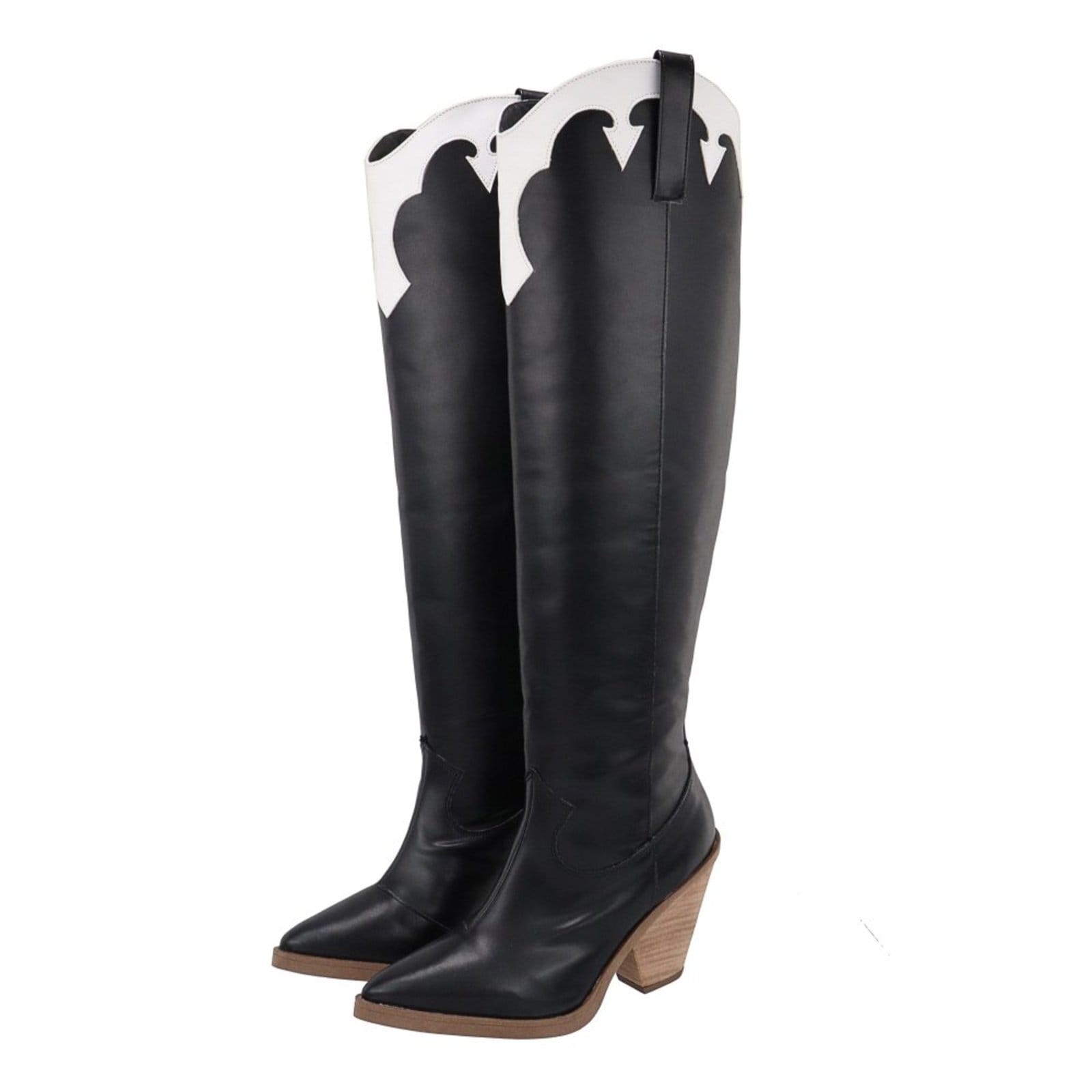 Bota Feminina Cano Alto 23135 Napa Preta Com Detalhes Branco