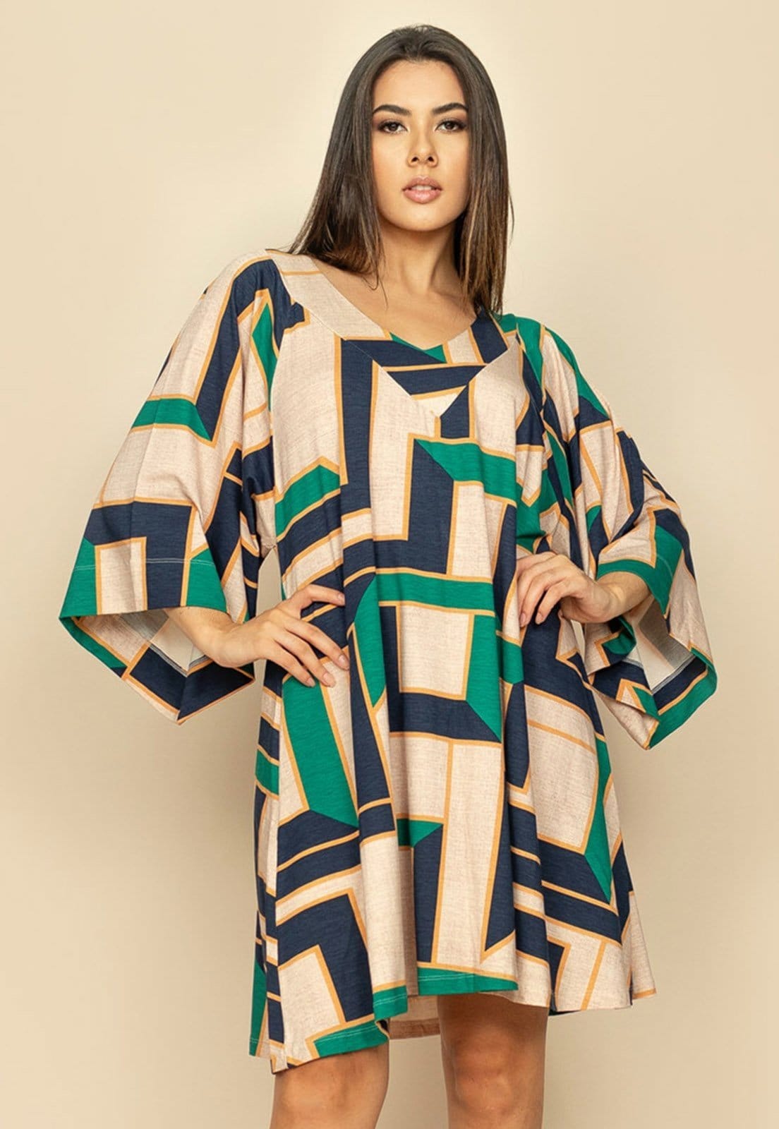 Vista principal Vestido Curto Amplo Malha Estampa Chapada de Areia Amazonia Vital bege/estampado/multicolorido