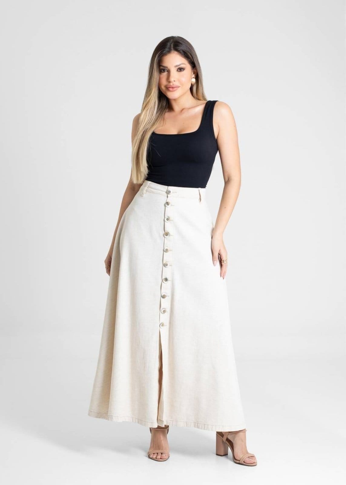 Vista 2 Saia Linho Sawary Midi - 280334 Sawary bege