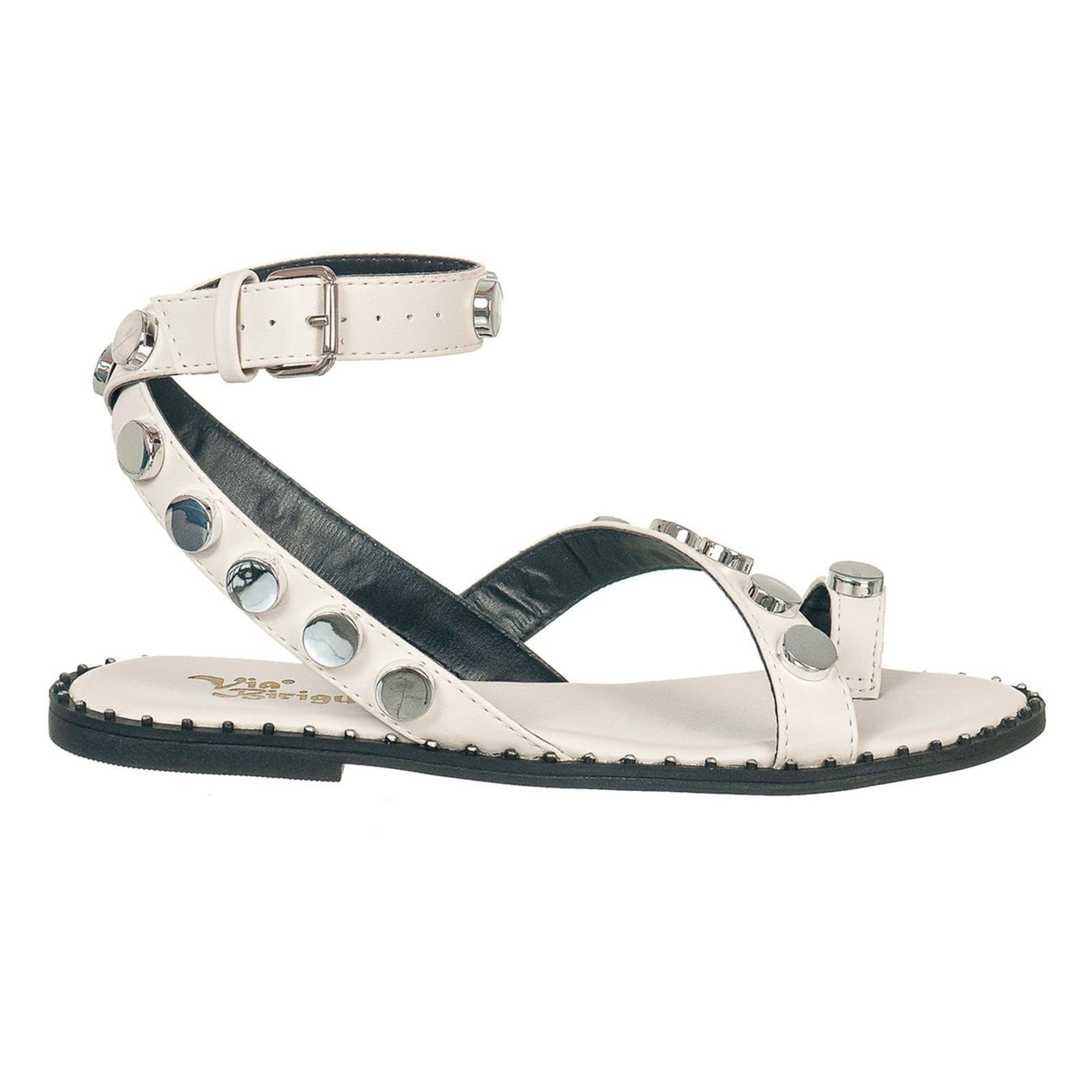 Vista 2 Sandália Feminina Via Birigui Rasteira Esferas e Metal Bege VB Calçados off-white