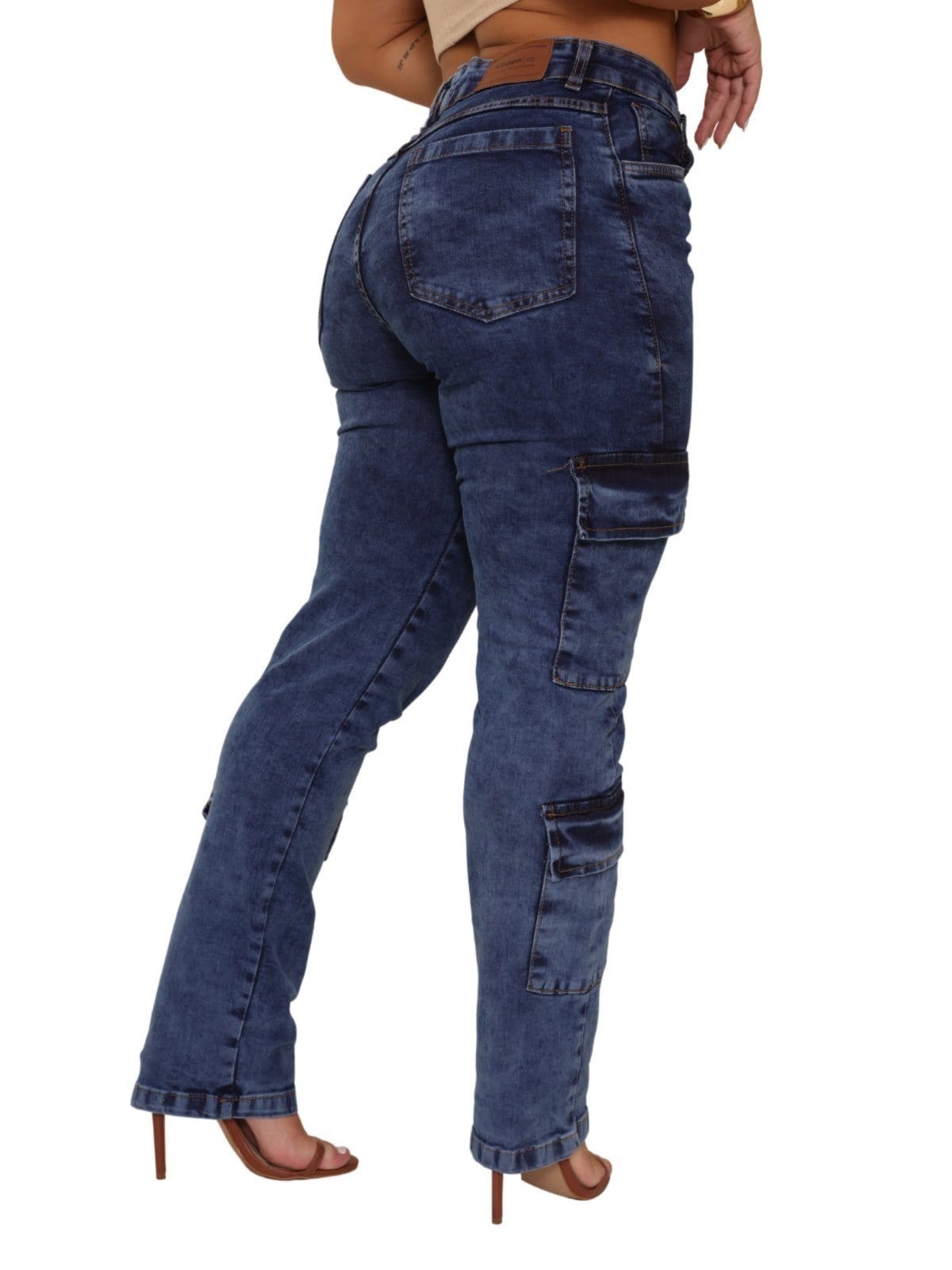 Vista 2 Calça Feminina Jeans Light Super Cargo 4 Bolsos Manchado JEANS LIGHT azul