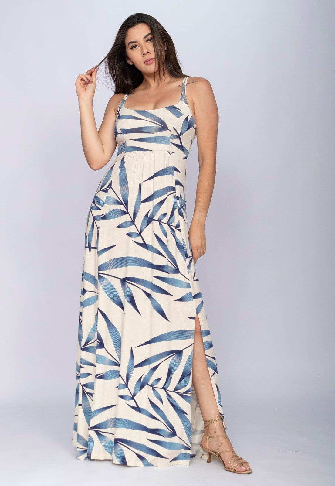 Vista principal Vestido CabanaFree Longo Jambo Malha Aberturas Bambu Cabanafree azul/estampado azul