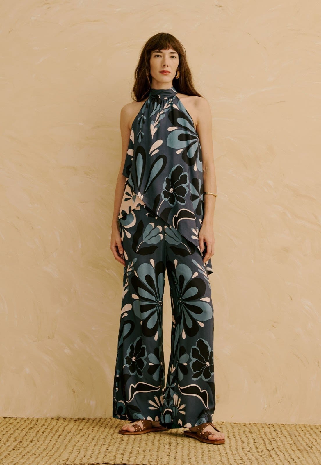 Vista principal Calça Pantolona Estampada Cantuta CaCay azul