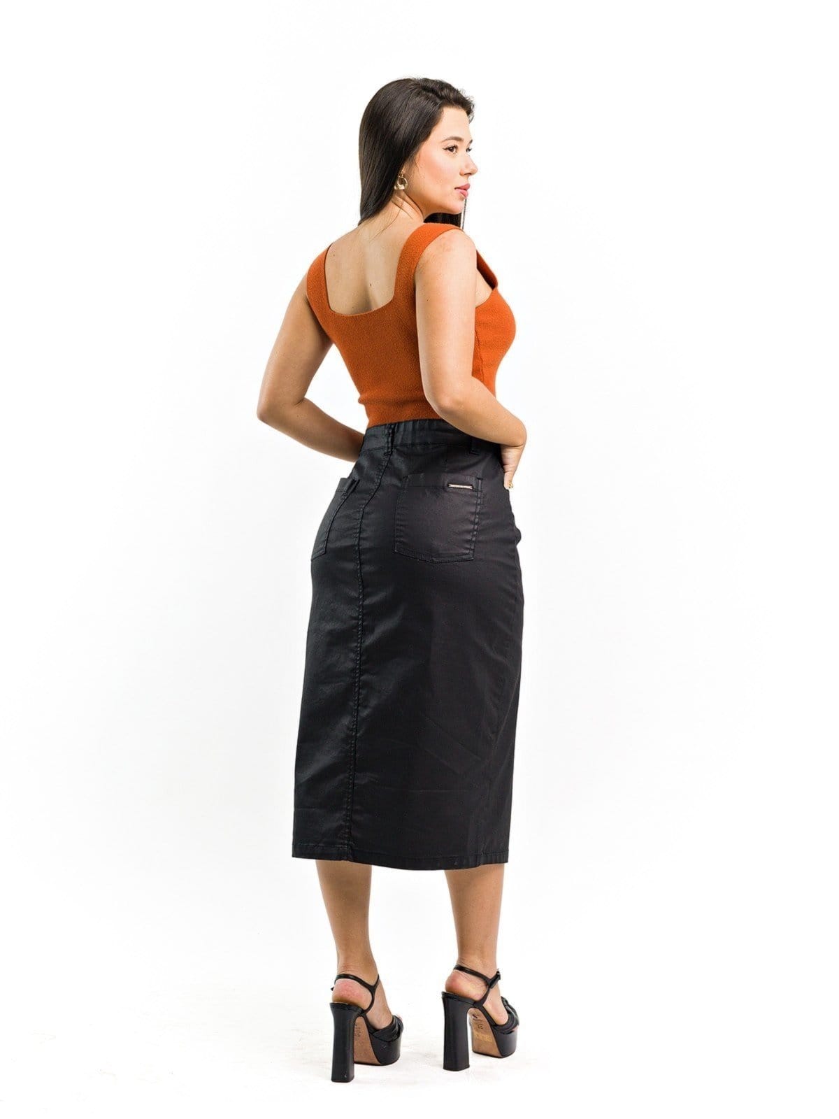 Vista 2 Saia Midi Restrito Jeans Resinada Restrito Jeans preto