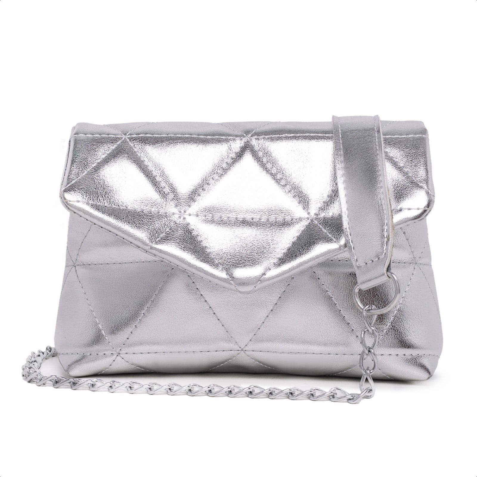 Bolsa Feminina Pequena Clutch Metalizada Alça Corrente Brilho