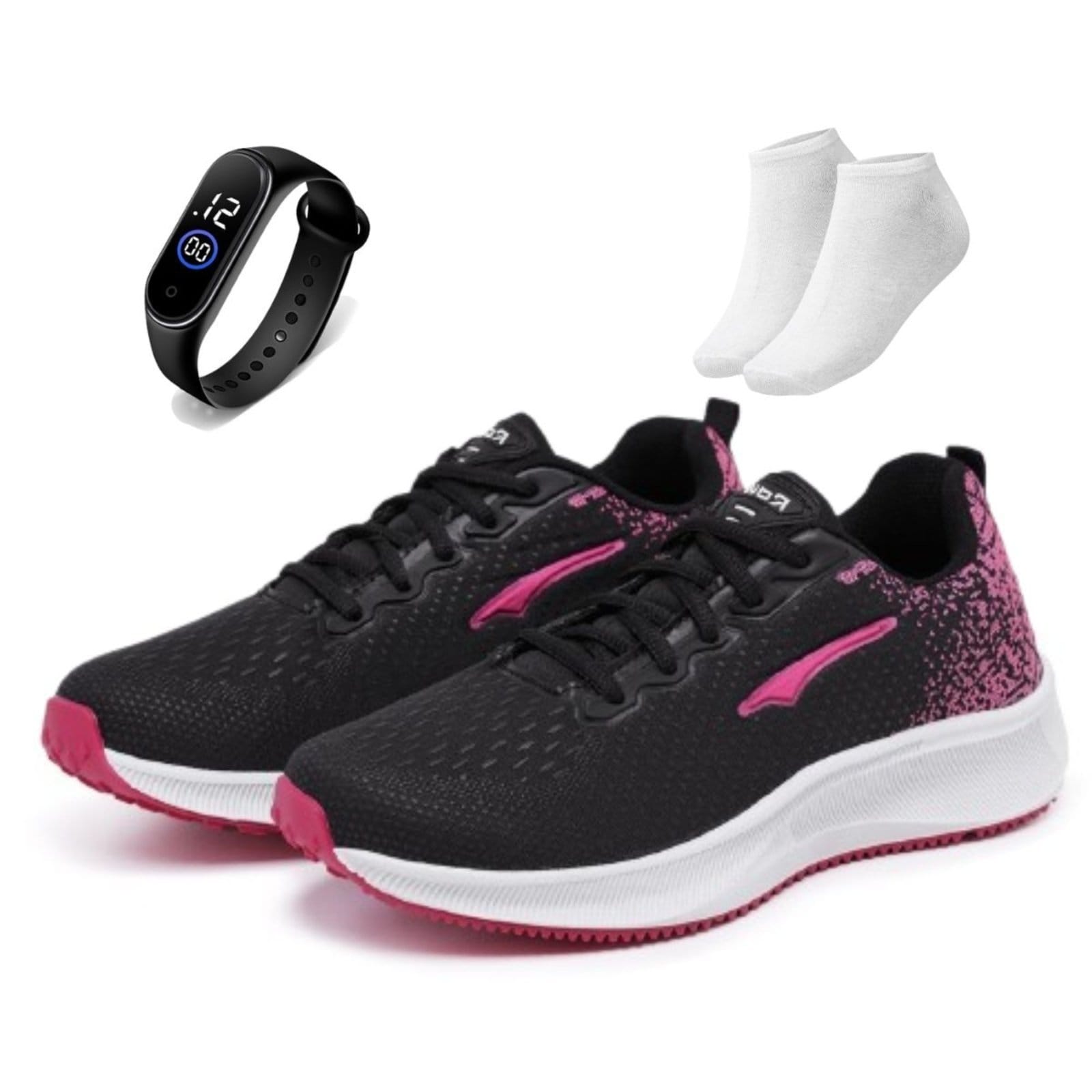 Vista principal Kit Tênis Casual Feminino Esportivo Ortopédico Macio Para Academia Treino Preto + Meia e Relógio Bia Ramos pink/preto pink