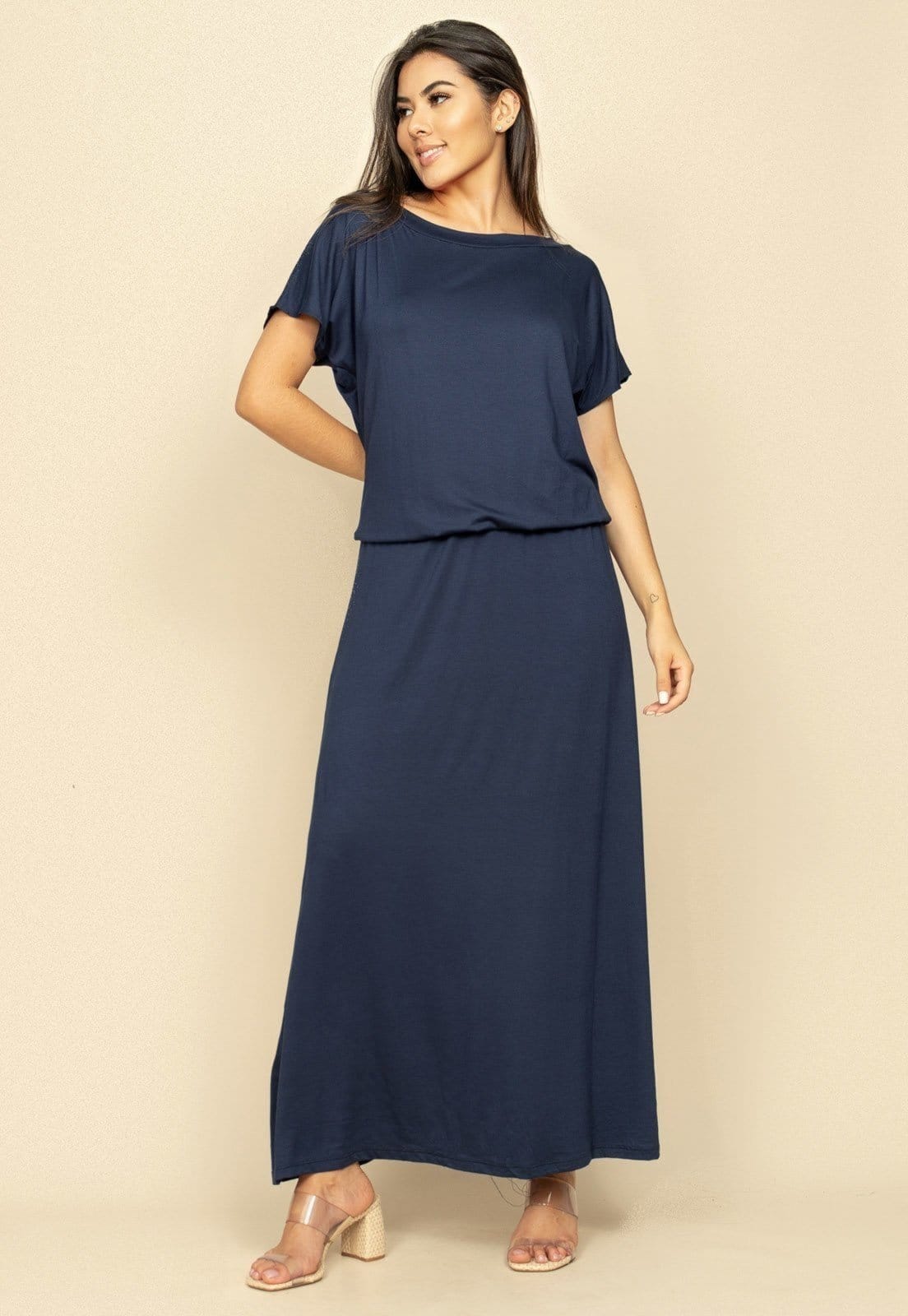 Vista 2 Vestido Longo Morcego Malha Marinho Amazonia Vital azul