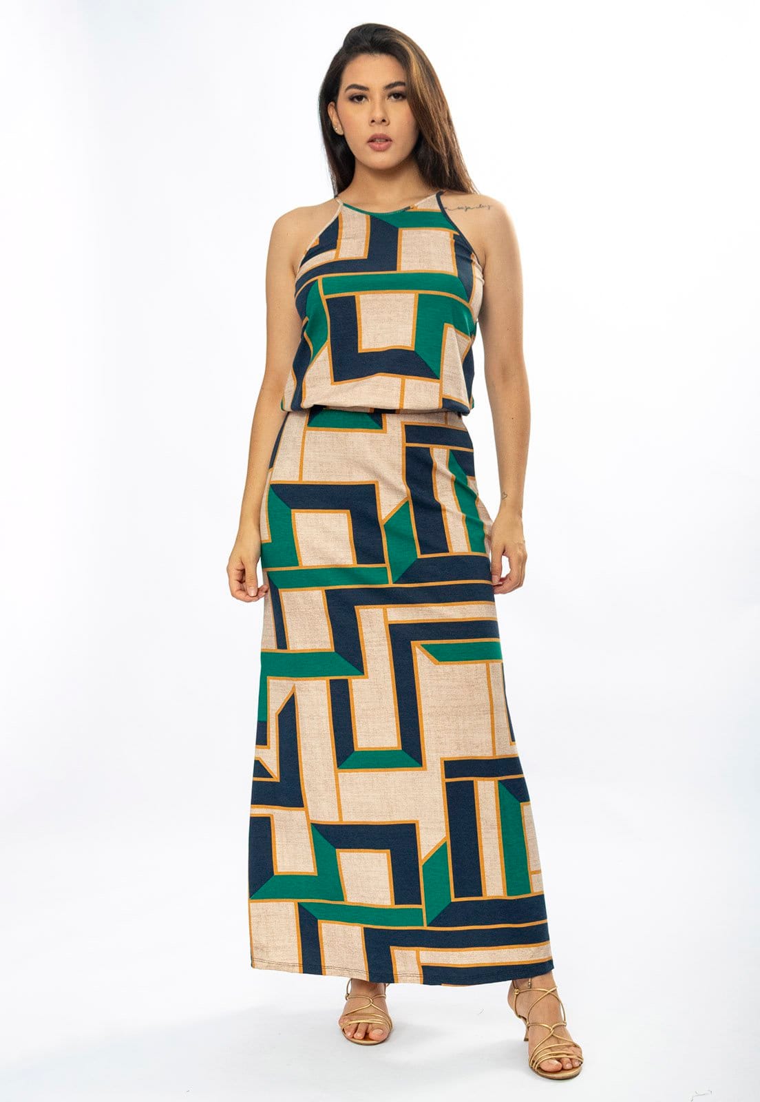 Vista 2 Vestido Longo Cabanafree Malha Trapézio com Elástico na Cintura Chapada de Areia Cabanafree azul/bege/estampado