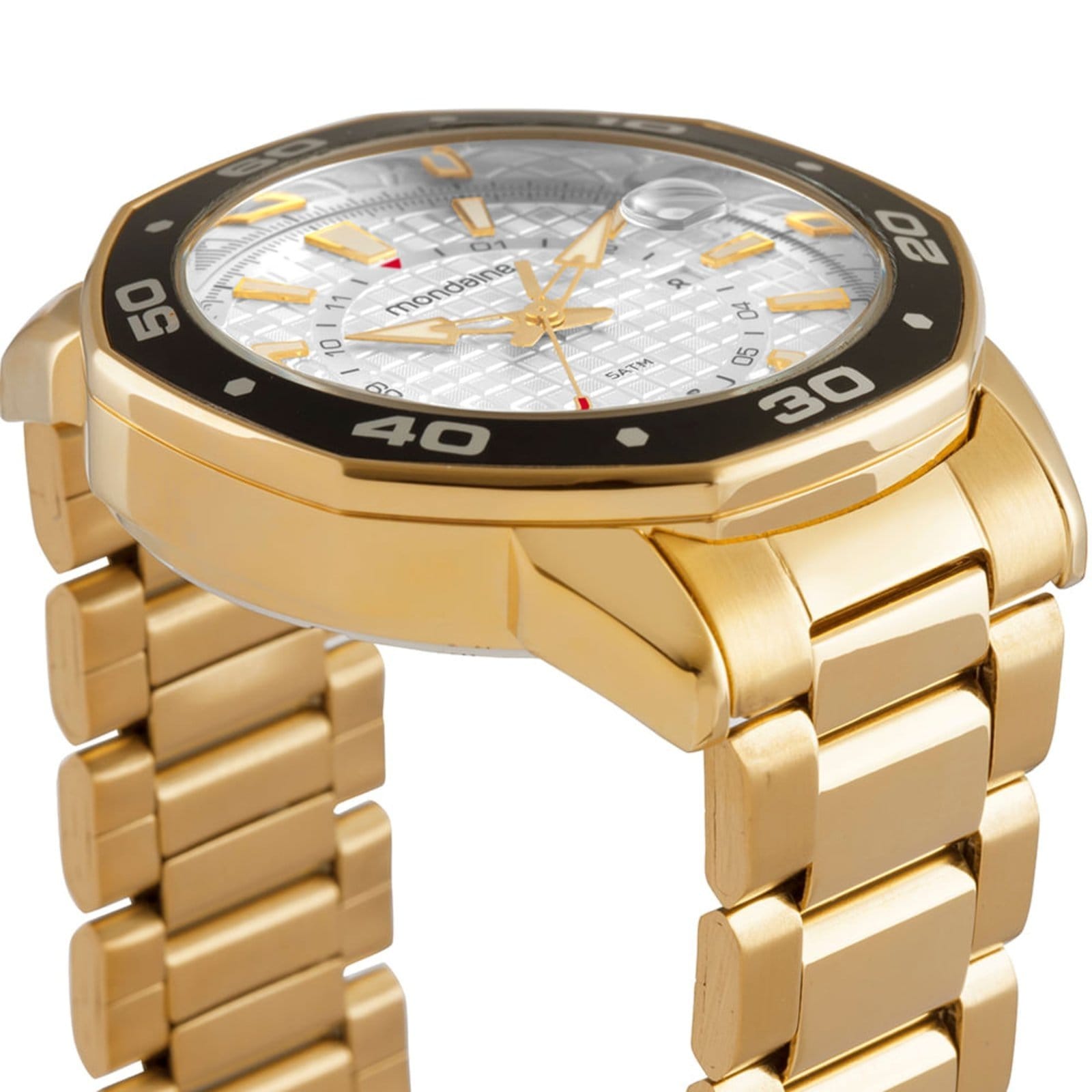 Vista 2 Relógio Masculino Octagonal Lupa Calendario Mondaine dourado