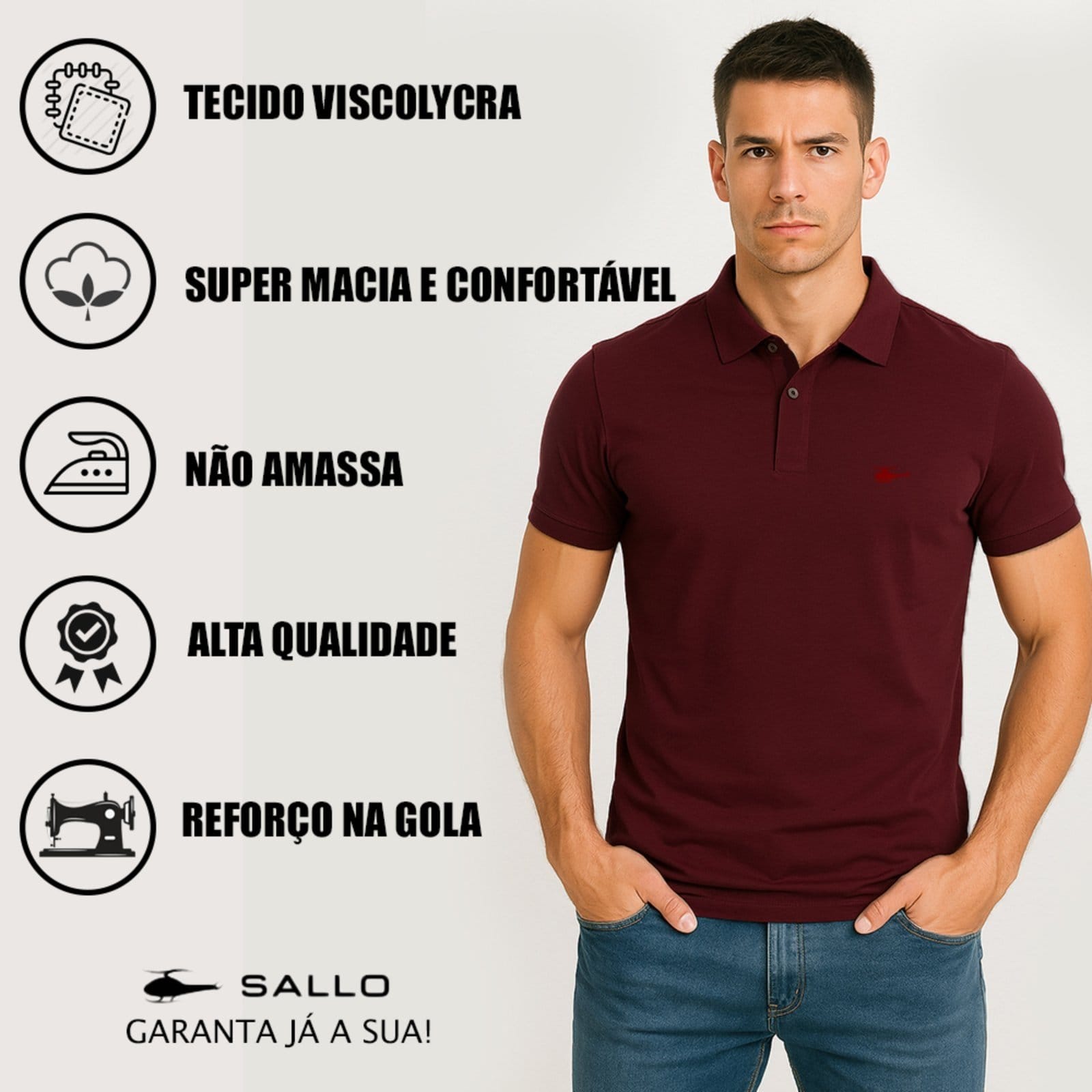 Vista 2 Camiseta Polo Masculina Básica Sallo Premium Marsala Sallo bordô