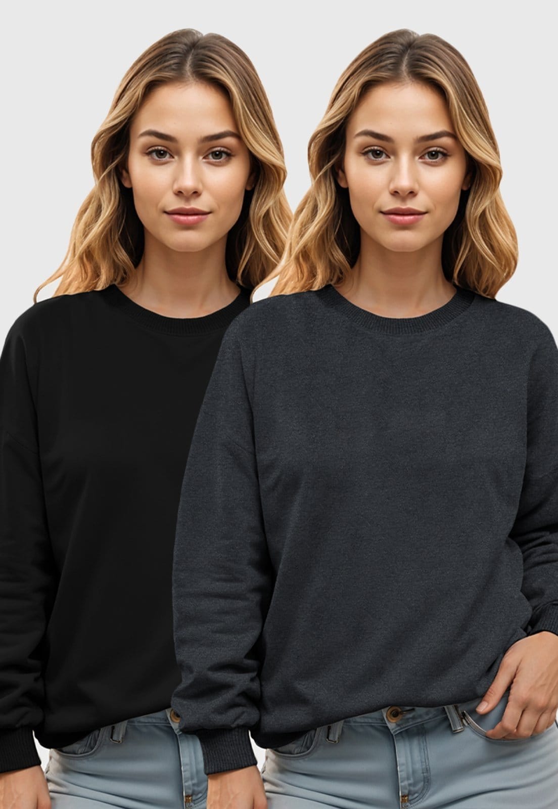 Vista 2 Kit 2 Moletom Gola Redonda Feminino Flanelado Benellys Liso Chumbo com Benellys grafite/preto