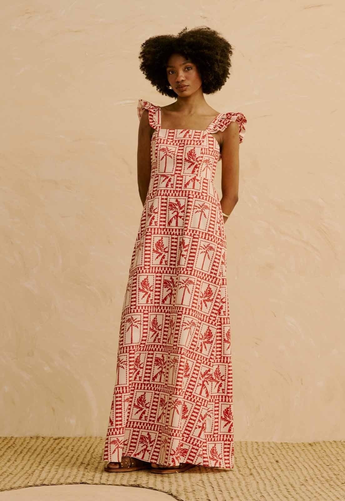 Vista principal Vestido Longo Babado Manga Estampado Yura CaCay vermelho