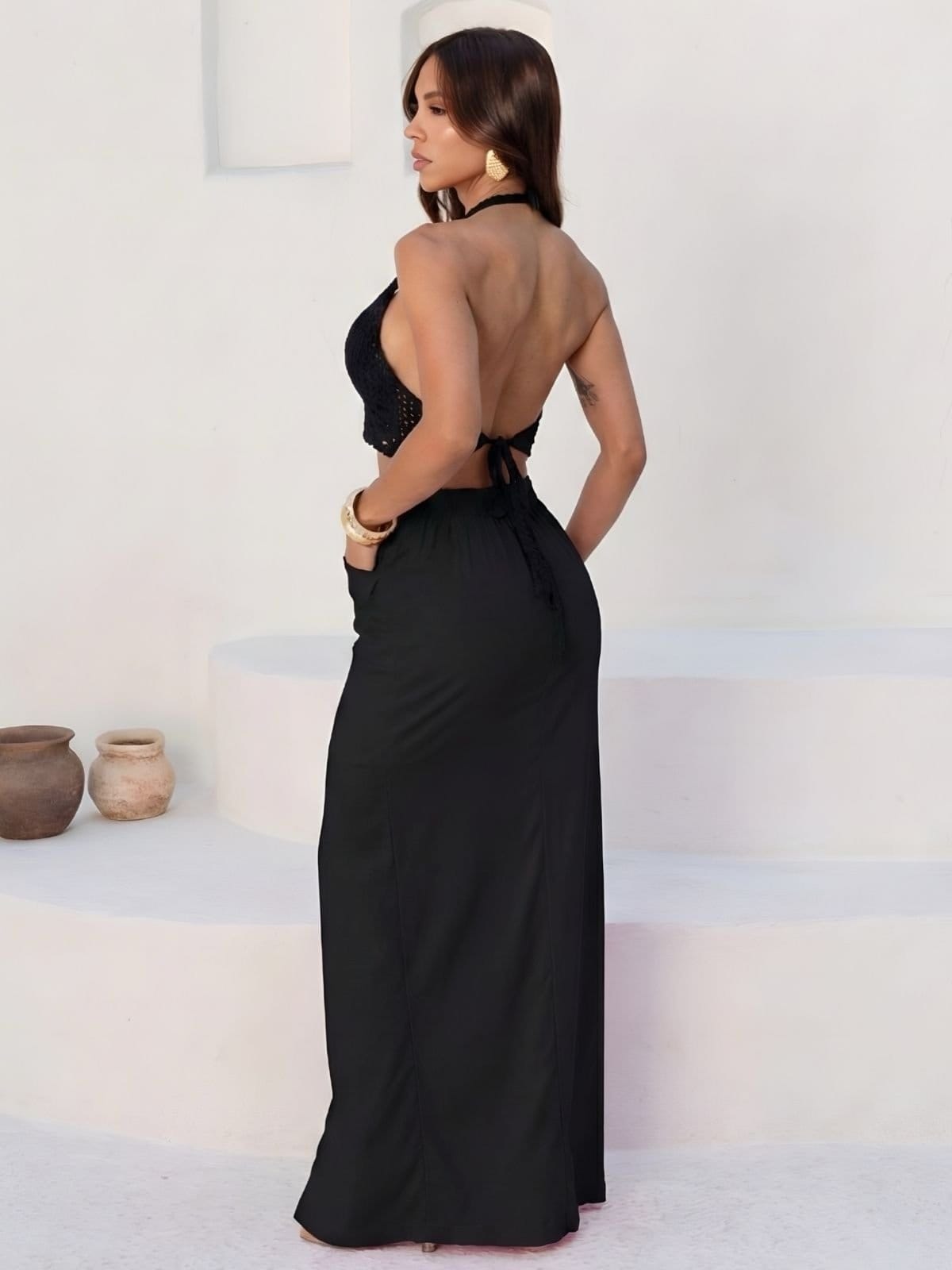 Vista 2 Conjunto Longo Divina Gata Cropped e Saia c/Fenda Preto DIVINA GATA branco