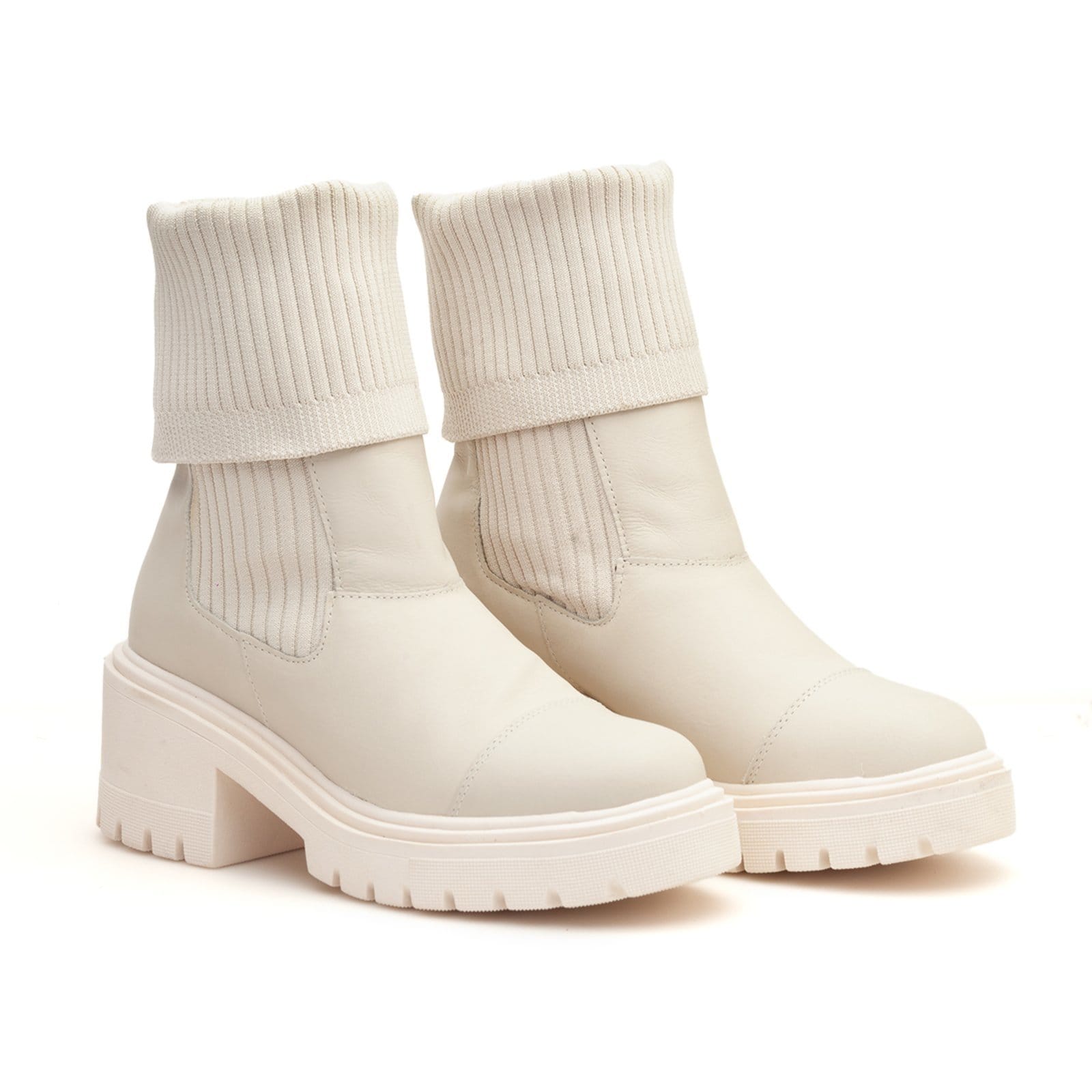Vista principal Coturno Feminino Tratorado Em Couro Meia Knit 2 em 1 Off White Nine4 nude/off-white white