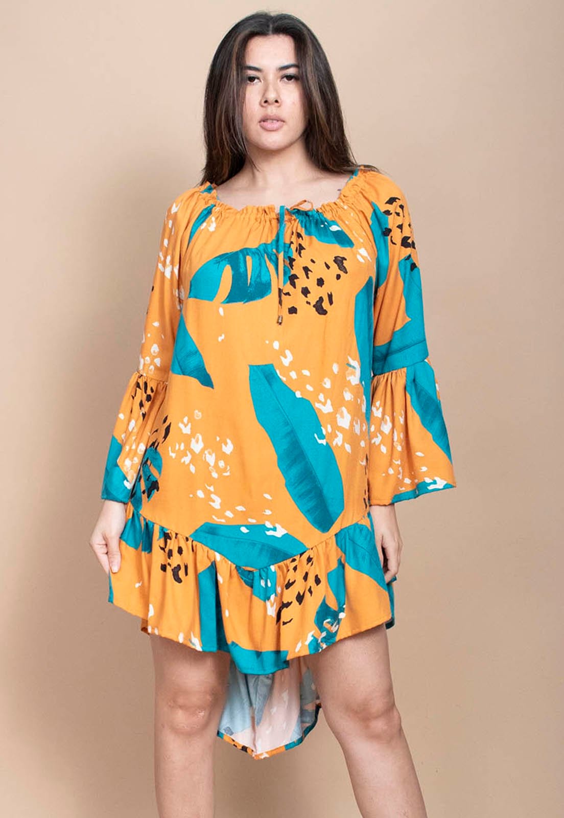 Vista principal Vestido Curto Cabanafree Viscose Com Babados Estampa Aurora Botãnica Cabanafree azul/estampado/preto