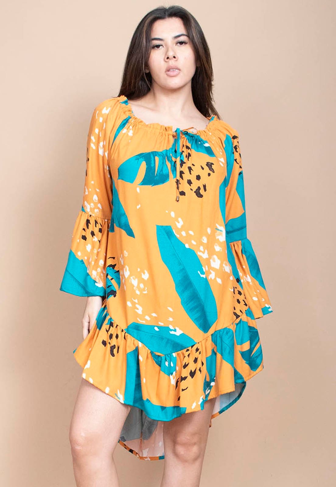 Vista 2 Vestido Curto Cabanafree Viscose Com Babados Estampa Aurora Botãnica Cabanafree azul/estampado/preto