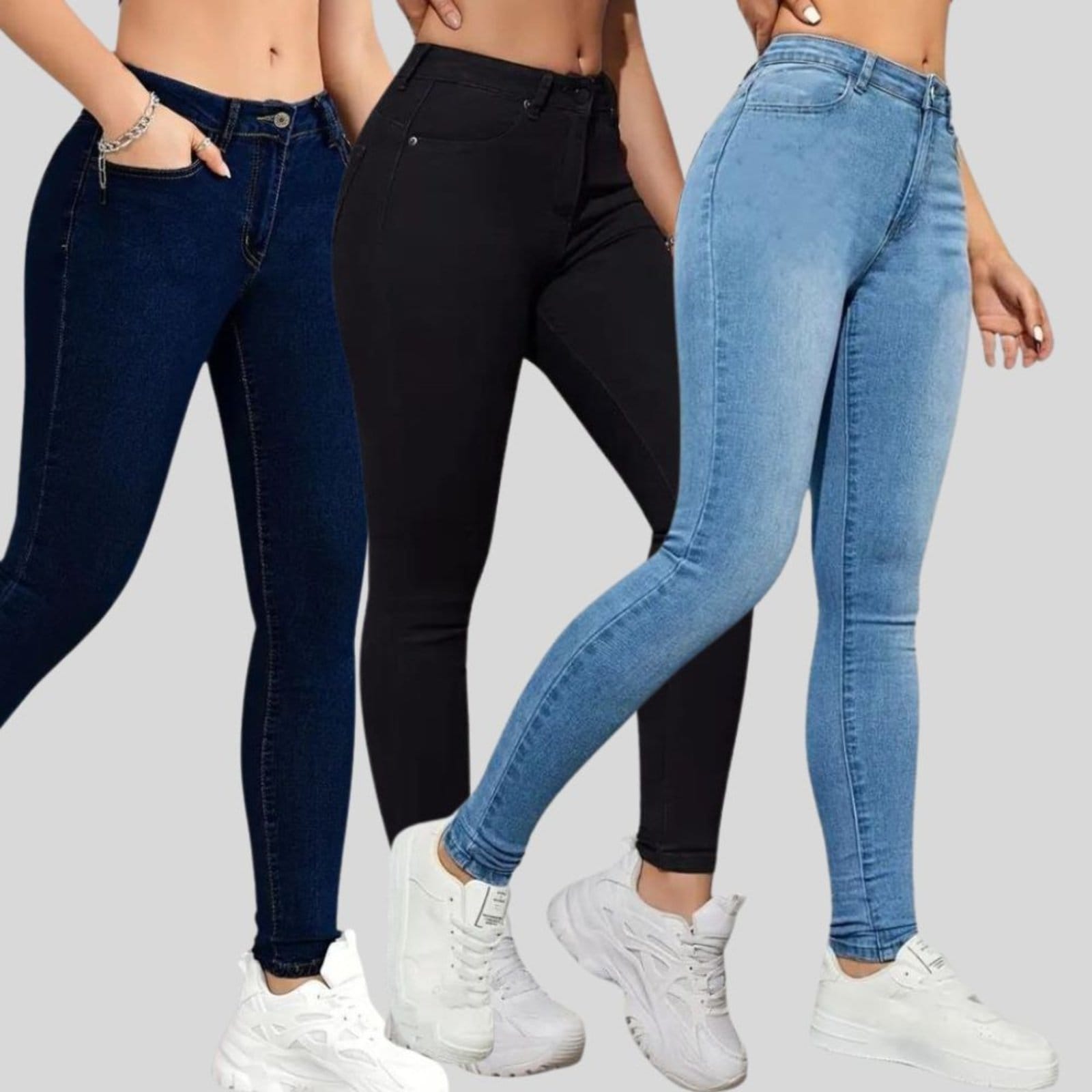 Kit 3 Calças Jeans Femininas Lavagem Clara, Preta e Lavagem Escura Cintura Alta Skinny