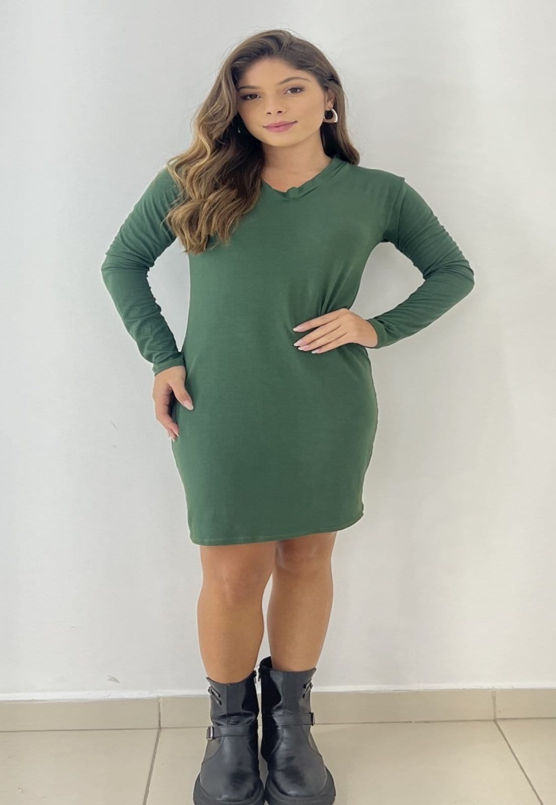 Vestido Toda Casual Curto Verde Militar de malha viscolycra Manga Longa