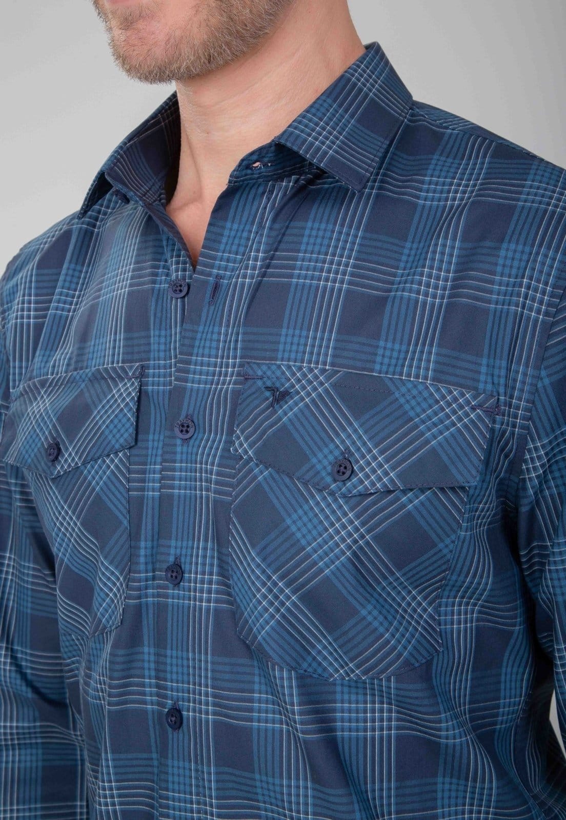 Vista 2 Camisa Traymon Slim Xadrez Com Bolsos Marinho/Azul Traymon xadrez azul