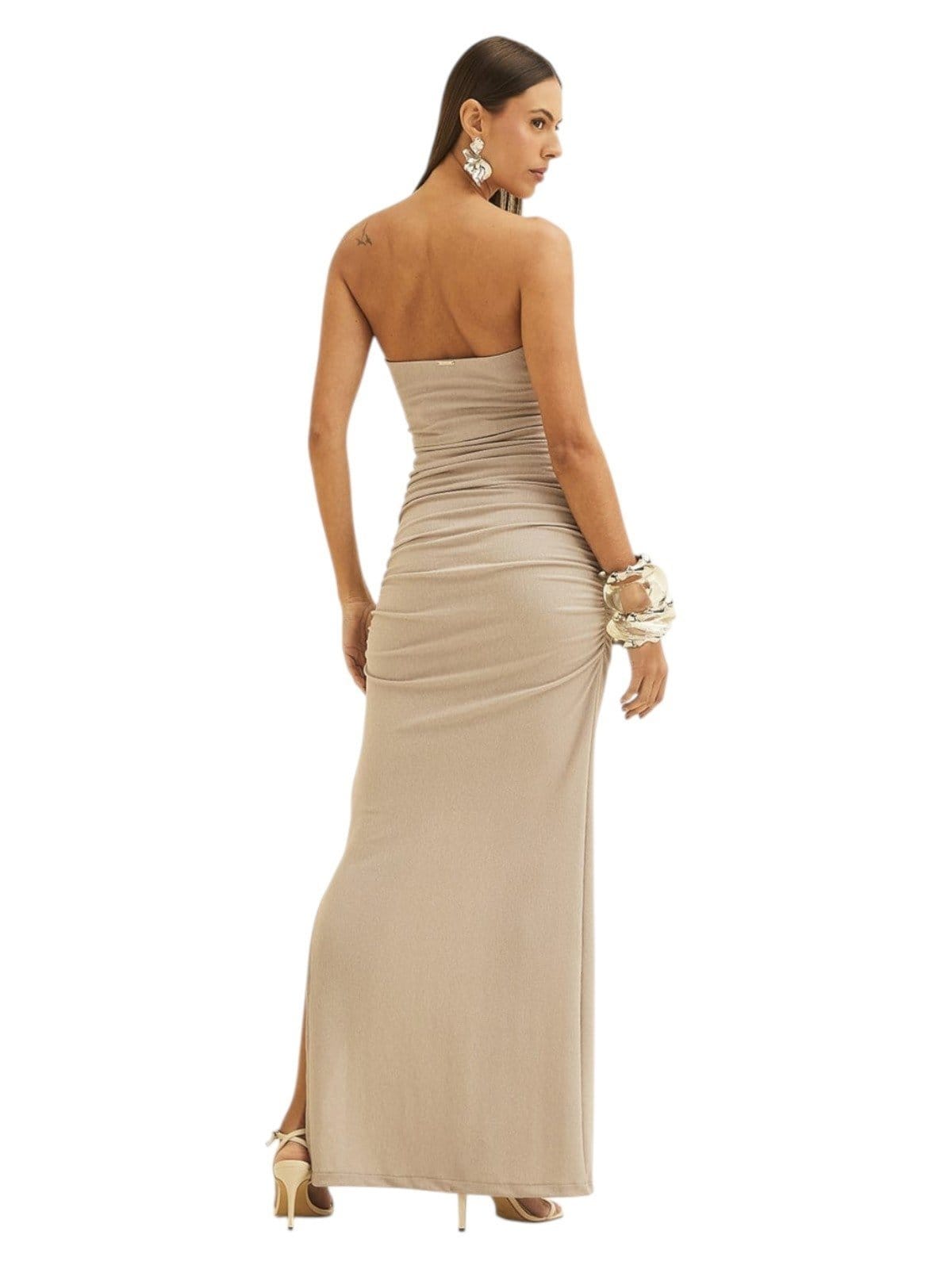 Vista 2 Vestido Forum com Franzido sem Alças Midi Brilhoso Forum cinza