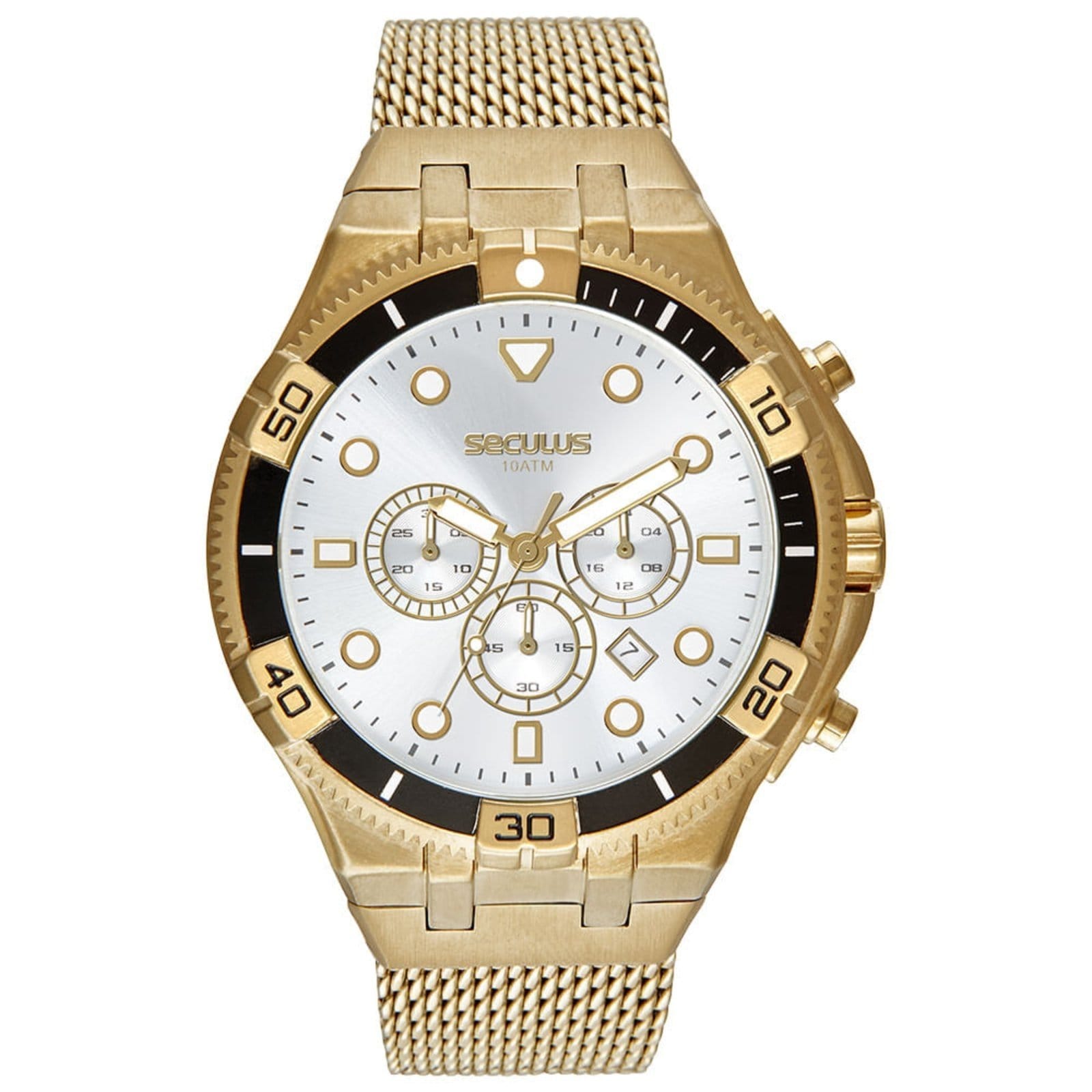 Vista principal Relógio Seculus Masculino Cronógrafo Malha de Aço Seculus dourado