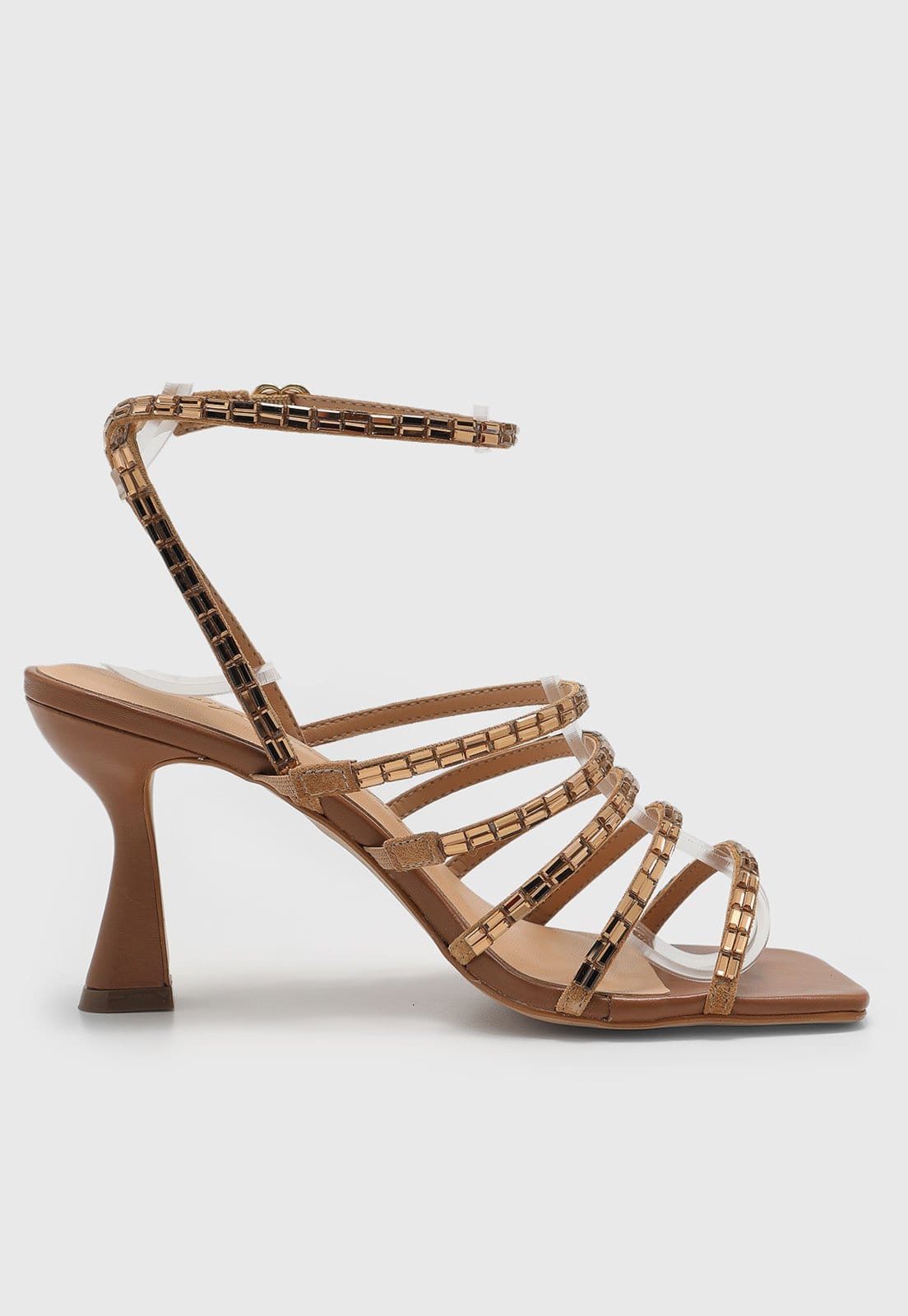 Vista 2 Sandália Feminina Luiza Barcelos Tiras Pedrarias Luiza Barcelos caramelo