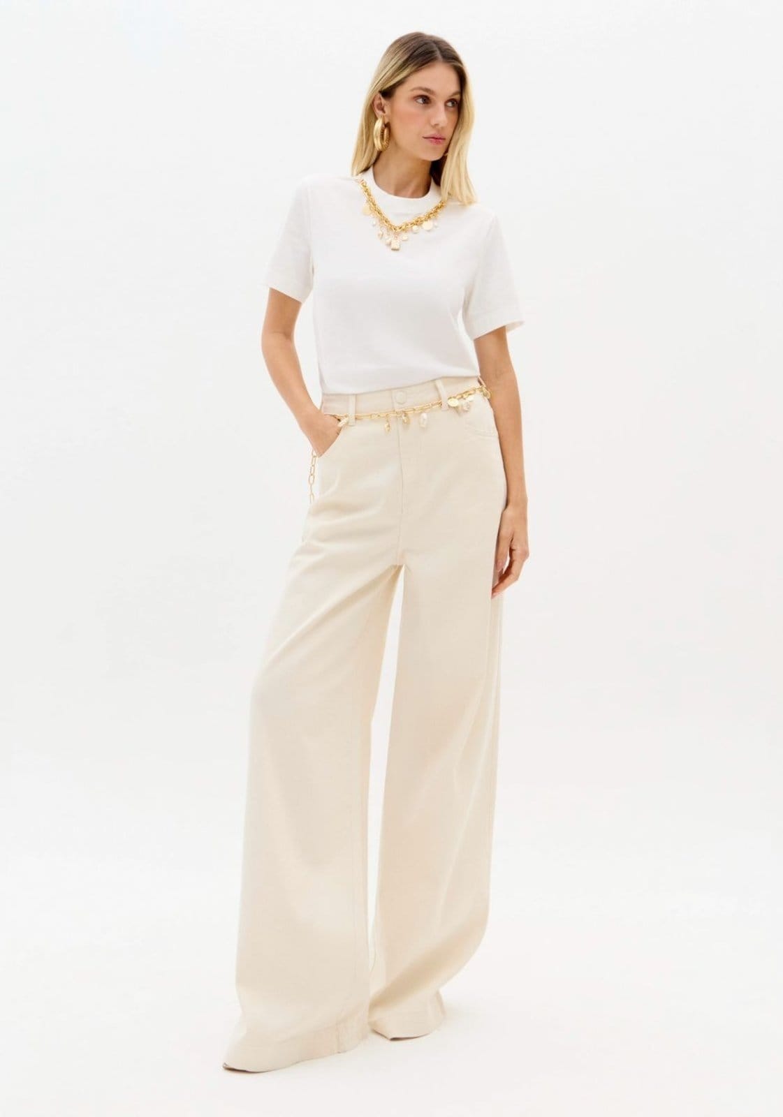 Vista 2 Calça Sarja Relaxed Com Cintura Alta Lança Perfume branco