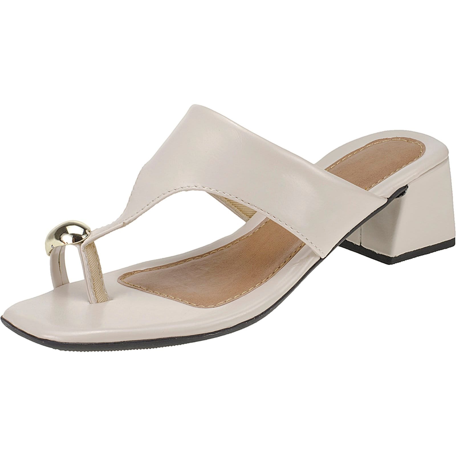 Sandália Tamanco Feminina com Salto Quadrado Detalhe Dourado Off White