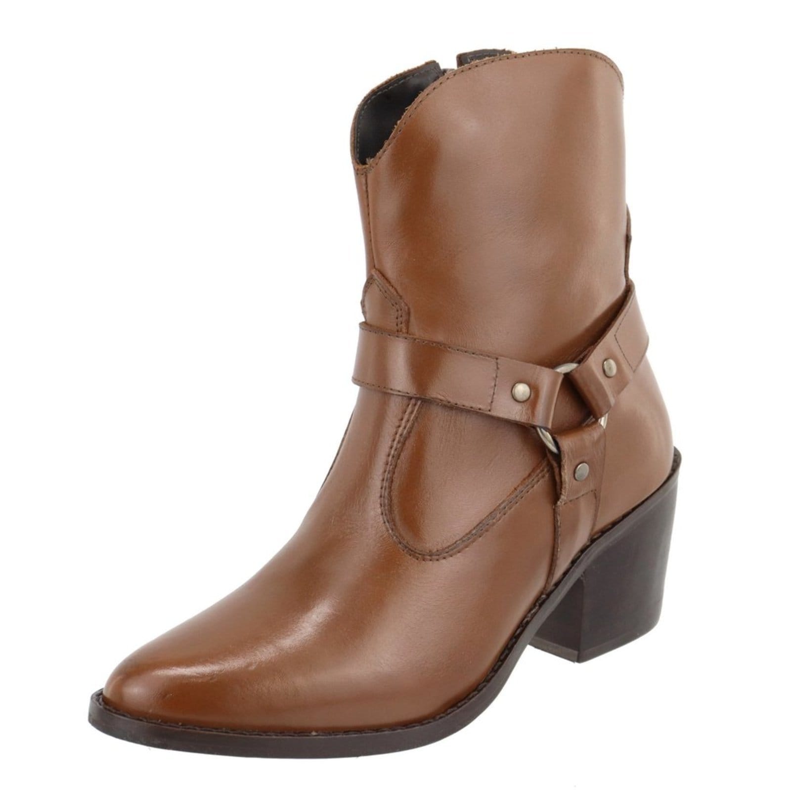Vista principal Bota em Couro Western Texana Bico Fino Cano Curto Country Conhaque TELLINI STORE caramelo