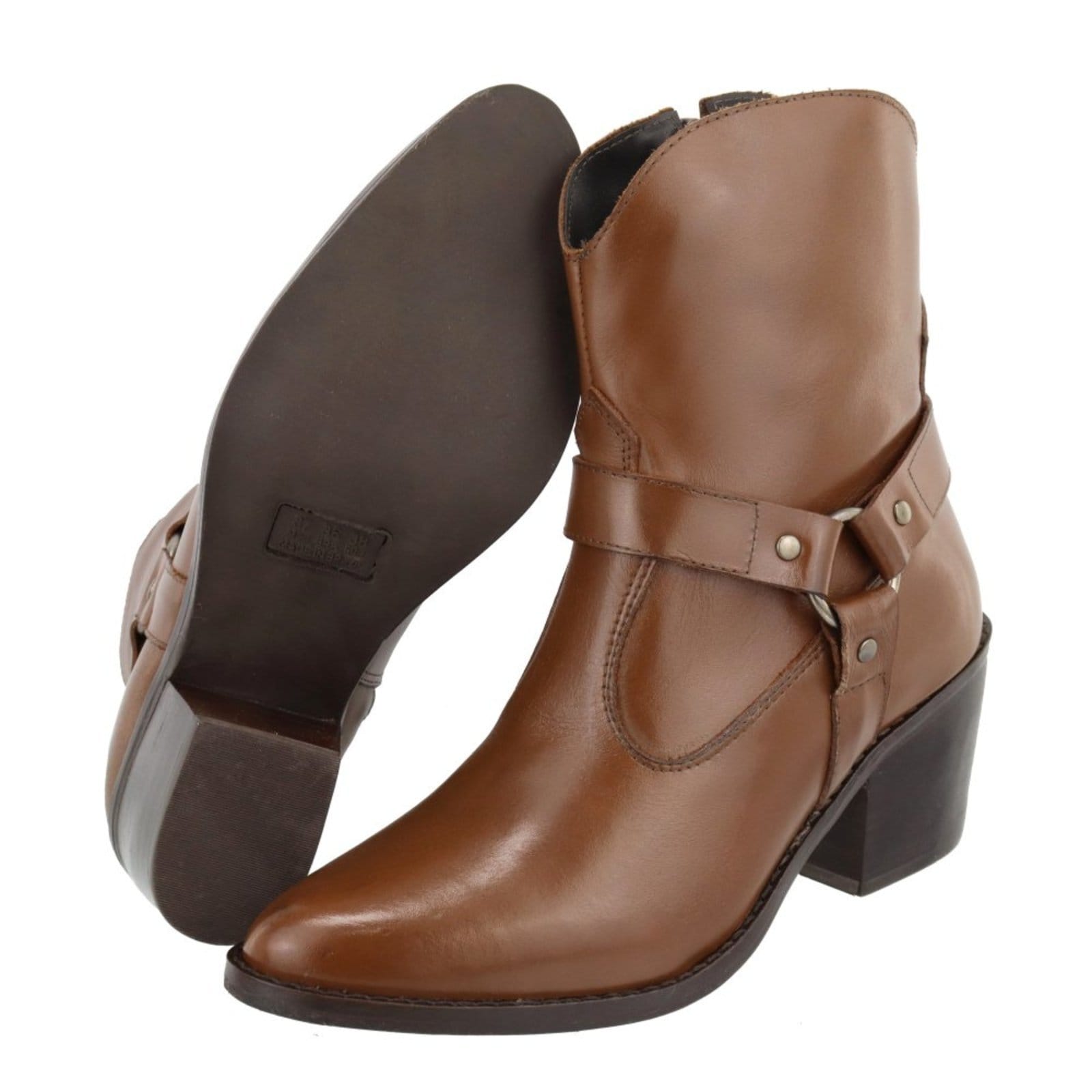 Vista 2 Bota em Couro Western Texana Bico Fino Cano Curto Country Conhaque TELLINI STORE caramelo