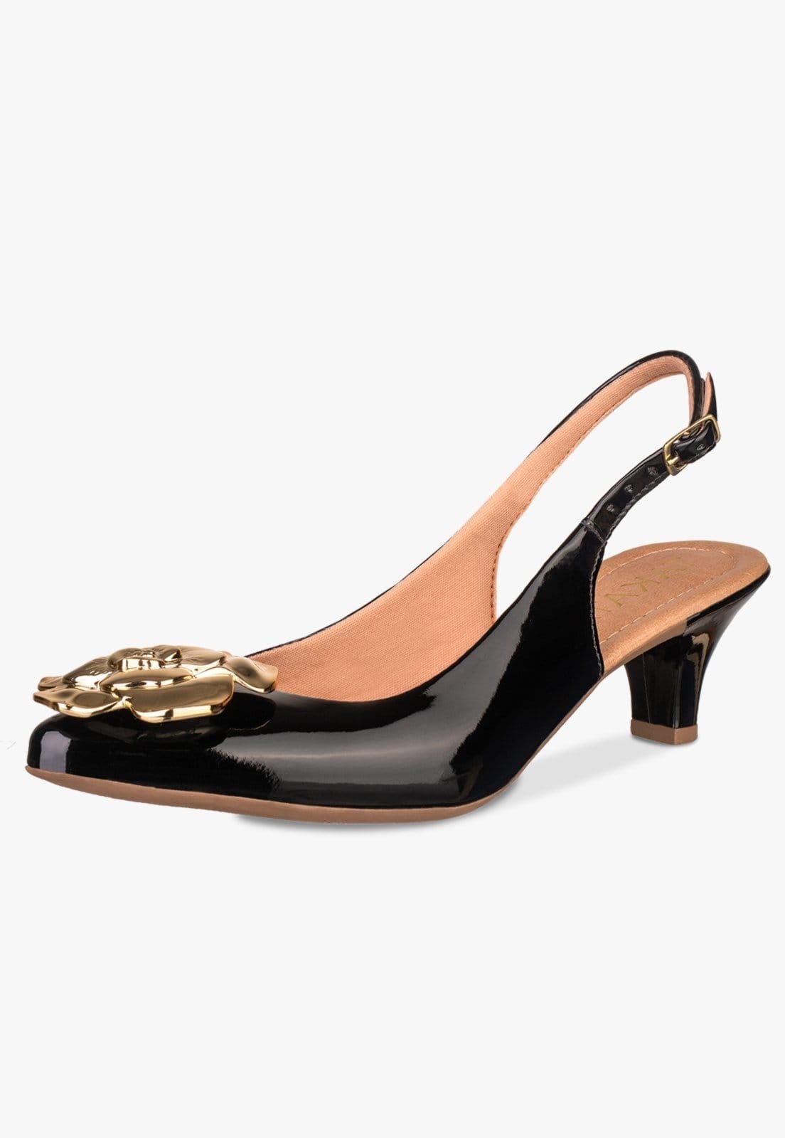 Scarpin Slingback Feminino Takata Salto Baixo Fino Sapato Boneca Mary Jane Flor Verniz