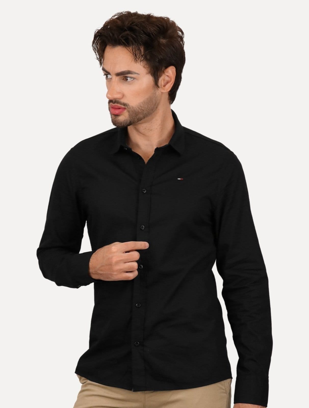 Vista principal Camisa Tommy Jeans Masculina Slim Original Stretch Preta Tommy Jeans preto