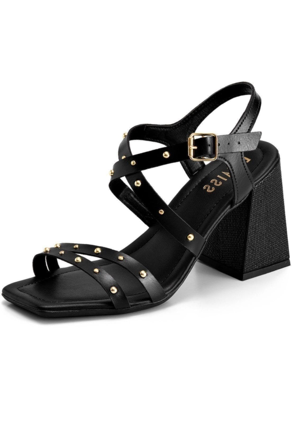 Sandália Feminina Lumiss Salto Alto Bloco Rebite Fivela Bico Quadrado