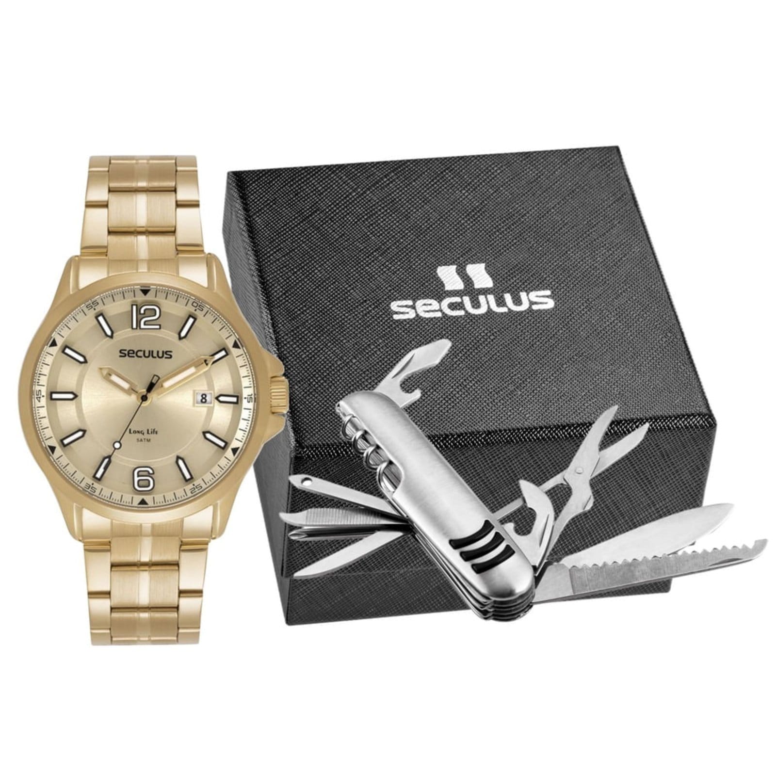 Vista principal Kit Relógio Masculino Analógico com Canivete Seculus dourado