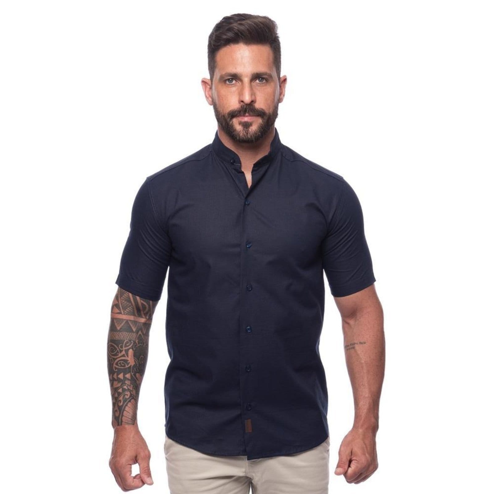 Camisa Masculina Linho Manga Curta Gola Padre Lisa Casual Azul Claro
