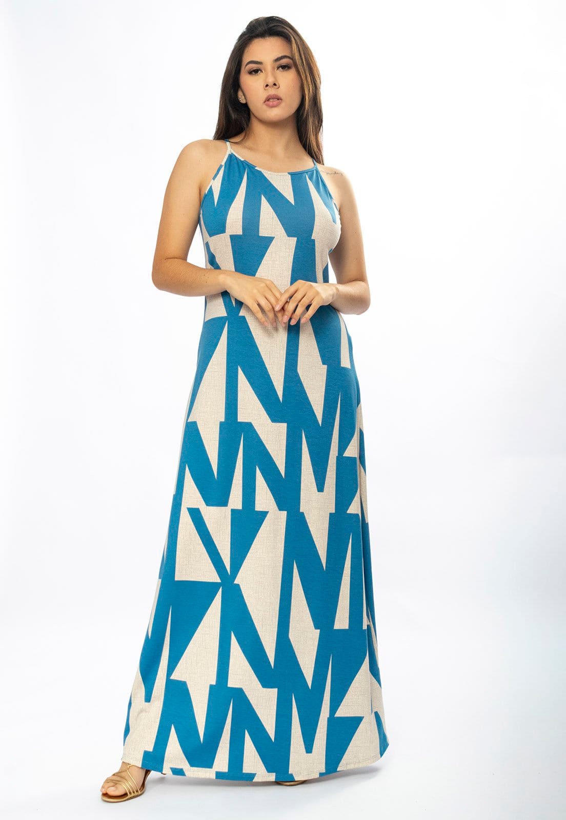 Vista 2 Vestido Longo Amazônia Vital Malha Trapézio Estampa Geometric Blue Amazonia Vital bege blue