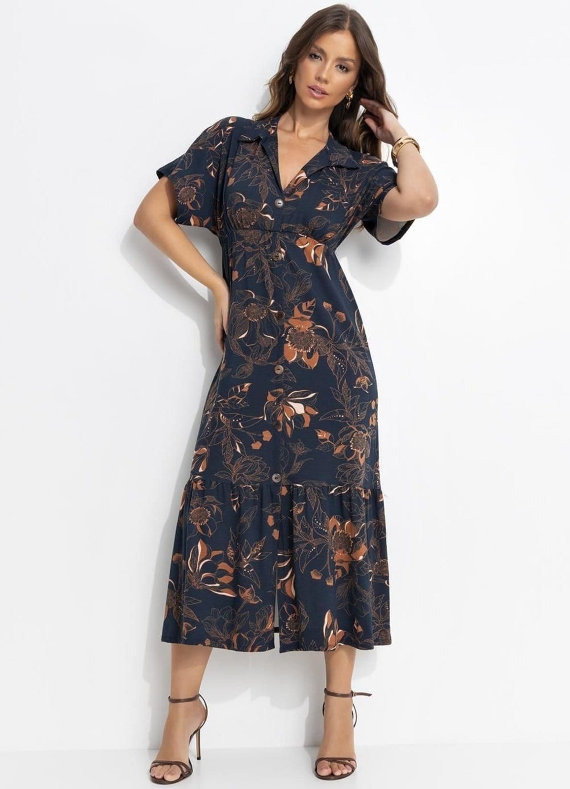 Vista principal Vestido Malha De Viscose Floral Artístico Colorido Quintess azul