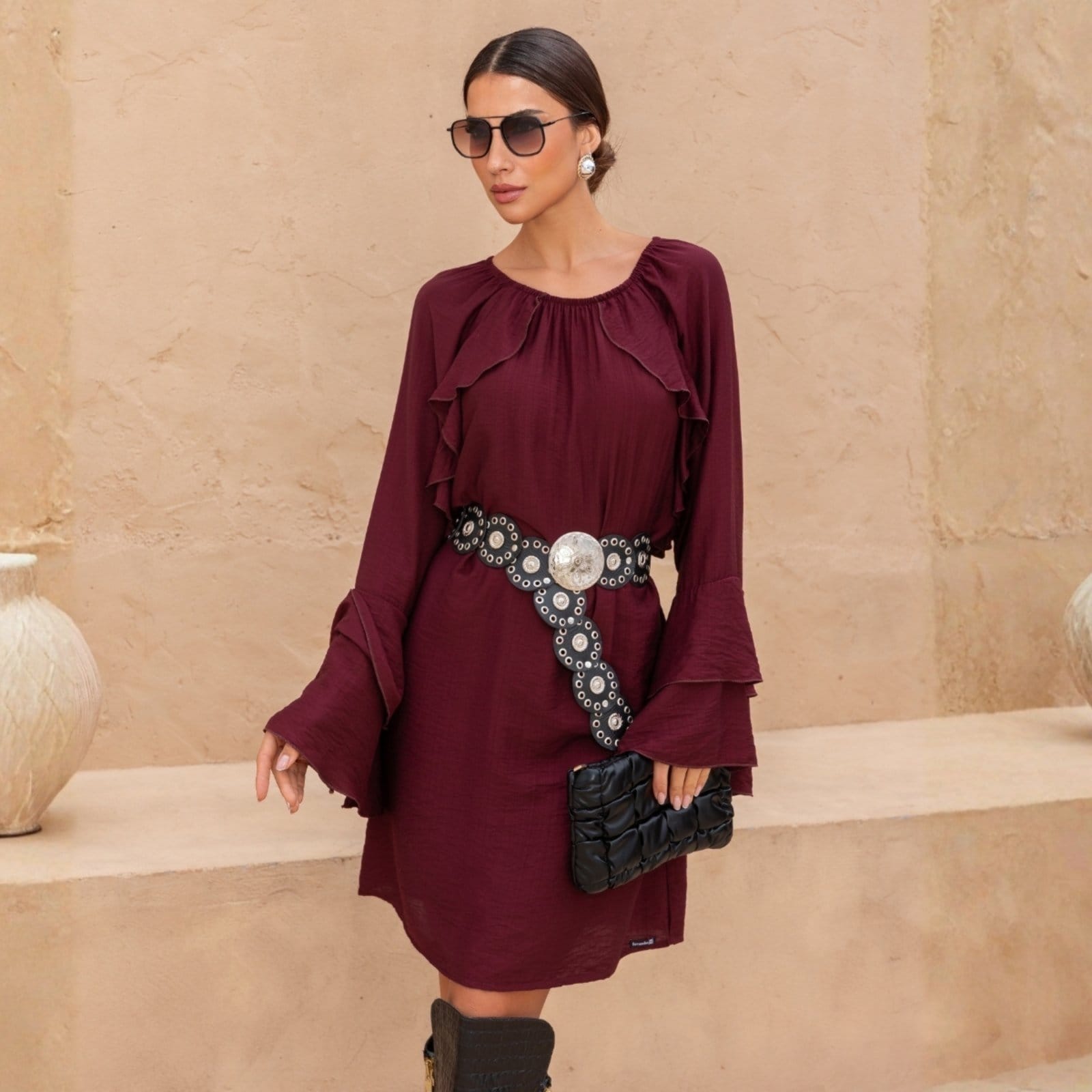 Vestido Amplo Manga Longa Com Babados Boho Feminina Revanche Eraclea