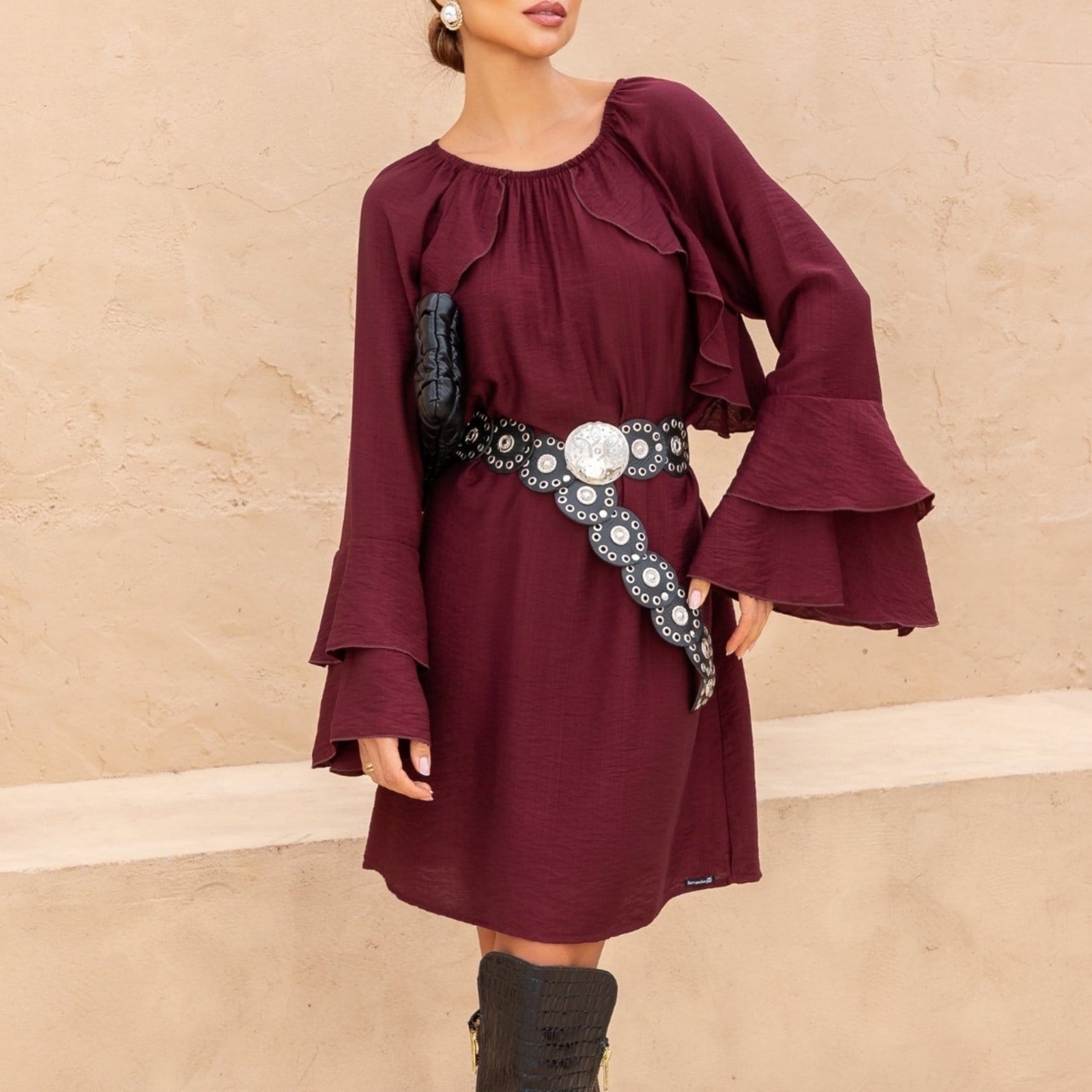 Vestido Amplo Manga Longa Com Babados Boho Feminina Revanche Eraclea - 2