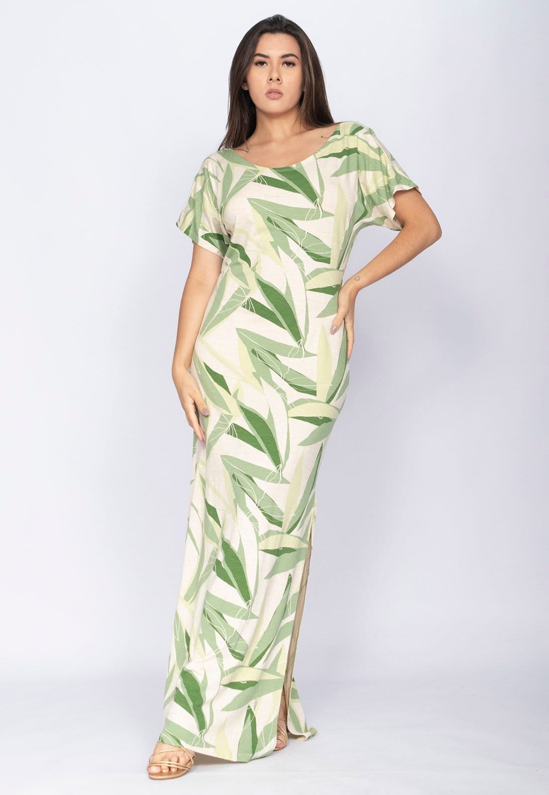 Vista principal Vestido CabanaFree Longo Malha Fenda na Lateral Estampa Verde Selvagem Cabanafree estampado/verde verde