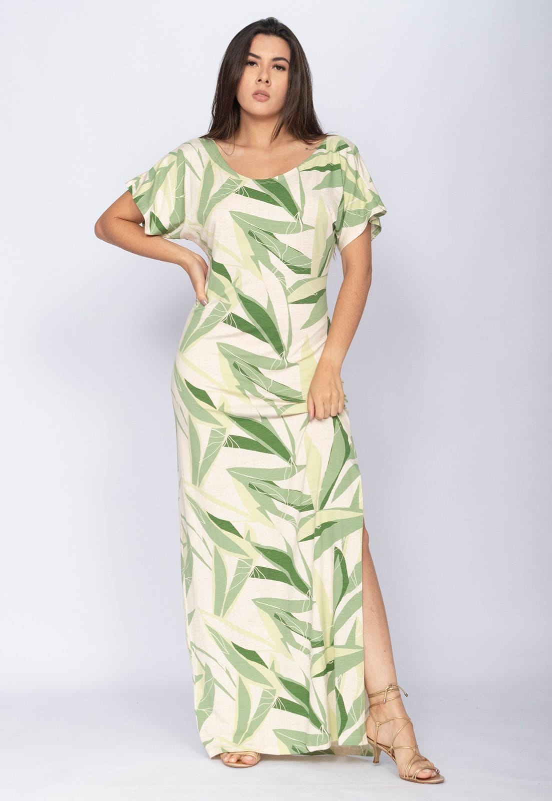 Vista 2 Vestido CabanaFree Longo Malha Fenda na Lateral Estampa Verde Selvagem Cabanafree estampado/verde verde