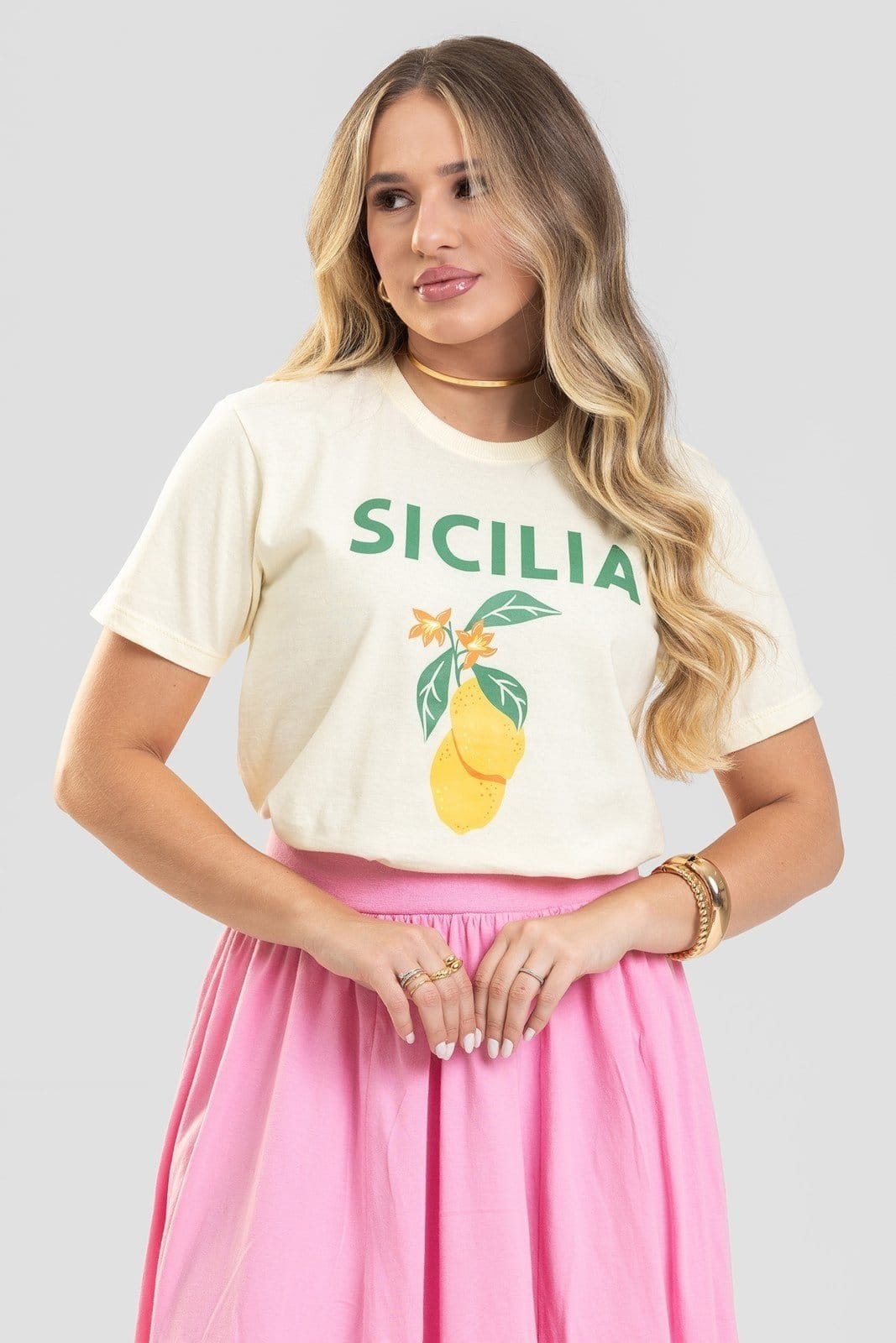 Vista principal Camiseta Feminina Cianitas Amarela Estampa Sicilia Cianitas amarelo
