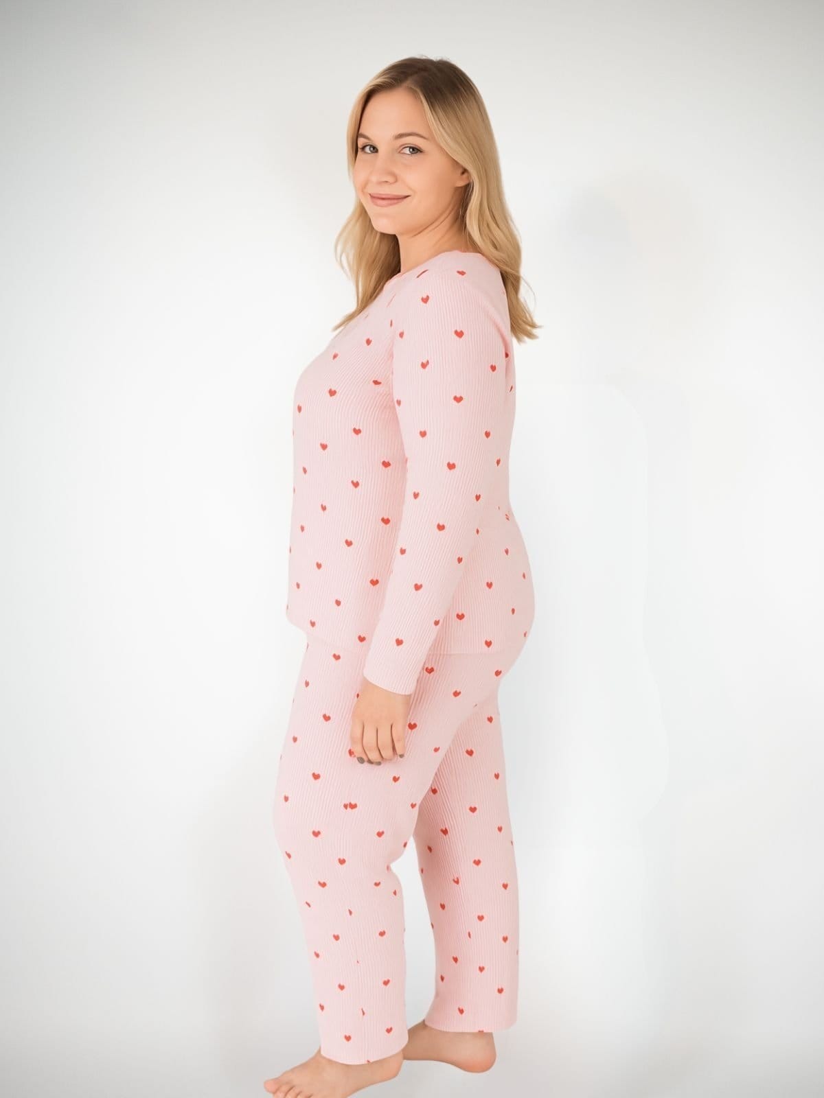 Vista 2 Pijama Algodão Plus Size Feminino Básico Longo Melissa - Listrado Corações Vermelho Piante rosa