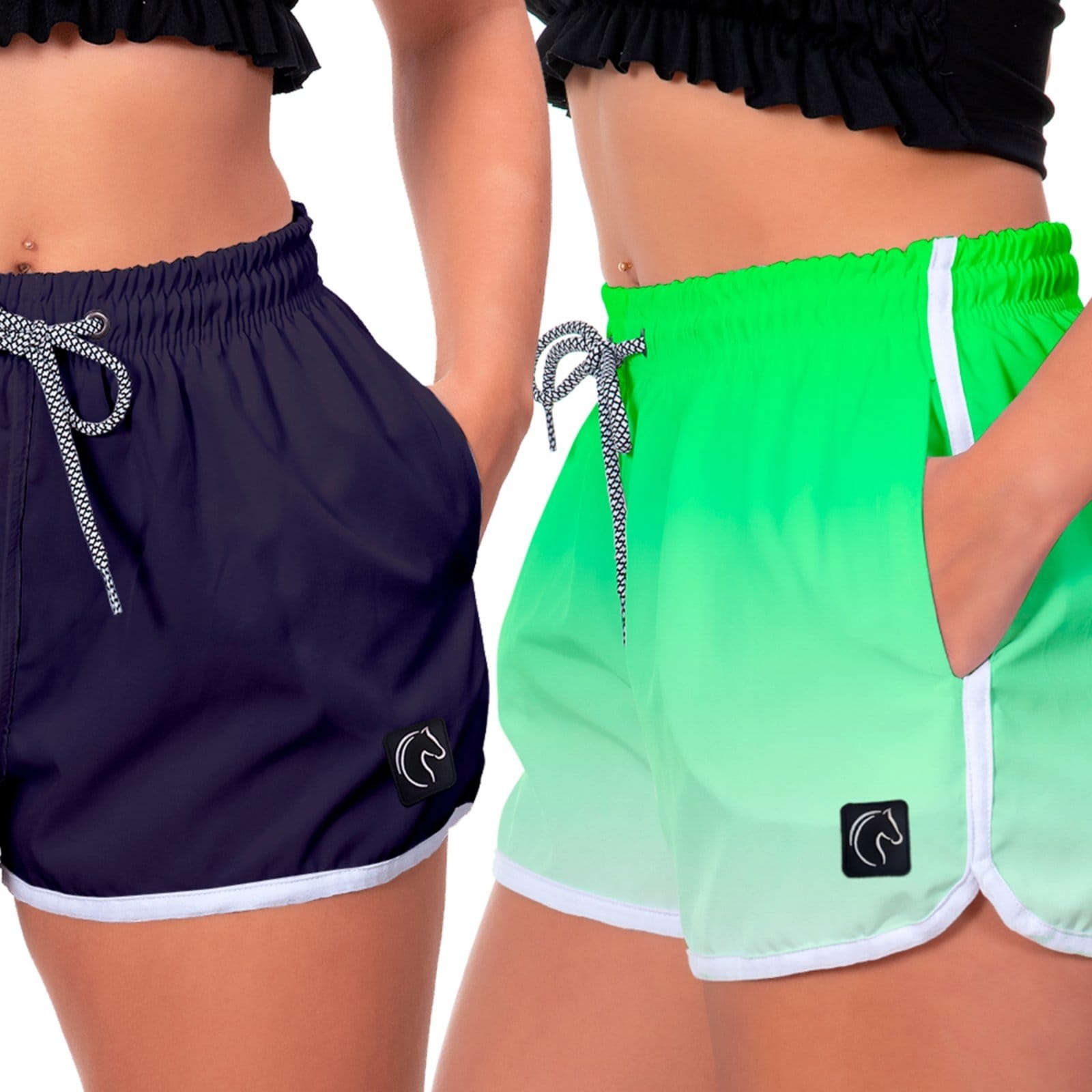 Kit 2 Shorts Feminino Premium Secagem Rápida com Elástico Cordão Ajustável e Bolsos Moda Praia Casual ou Treino Academia Marinho e Degradê Verde