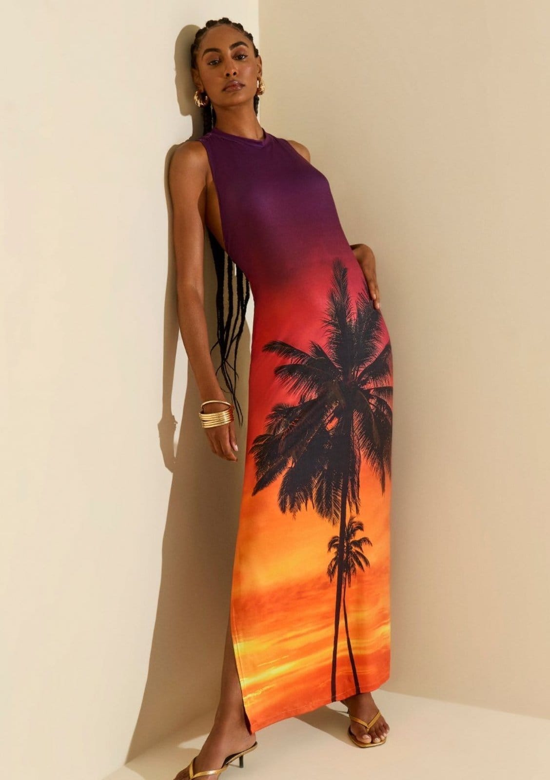 Vestido Morena Rosa Solto Decote Careca Sem Manga Longo Laranja