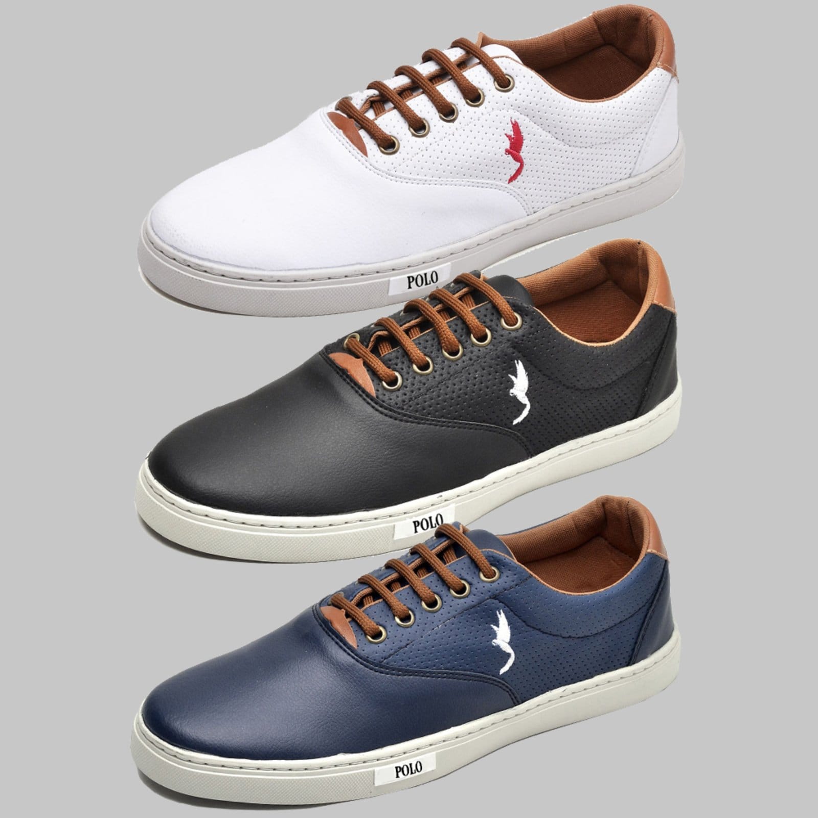 Vista principal Kit 3 Pares Sapatênis Masculino Casual Polo Preto/Azul Marinho Polo Blu branco/blu